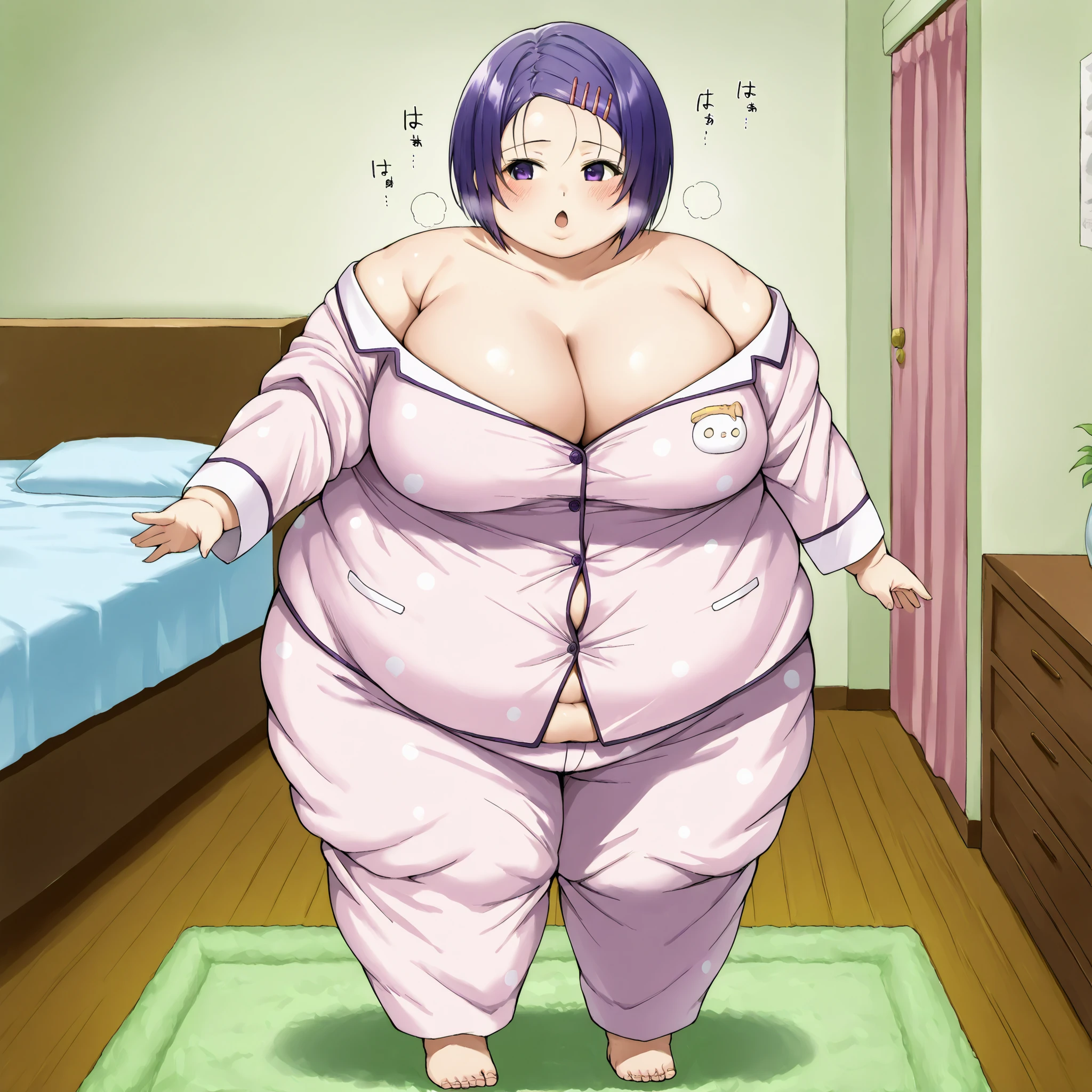 1girl, harunasairenji, 
haruna sairenji, hair ornament, hairclip, purple eyes, purple hair, short hair, swept bangs, forehead, cleavage, bare shoulders, innocent, fat, chubby, obese,, large breasts open mouth, out of breath, button up pajamas, bedroom, full body shot 