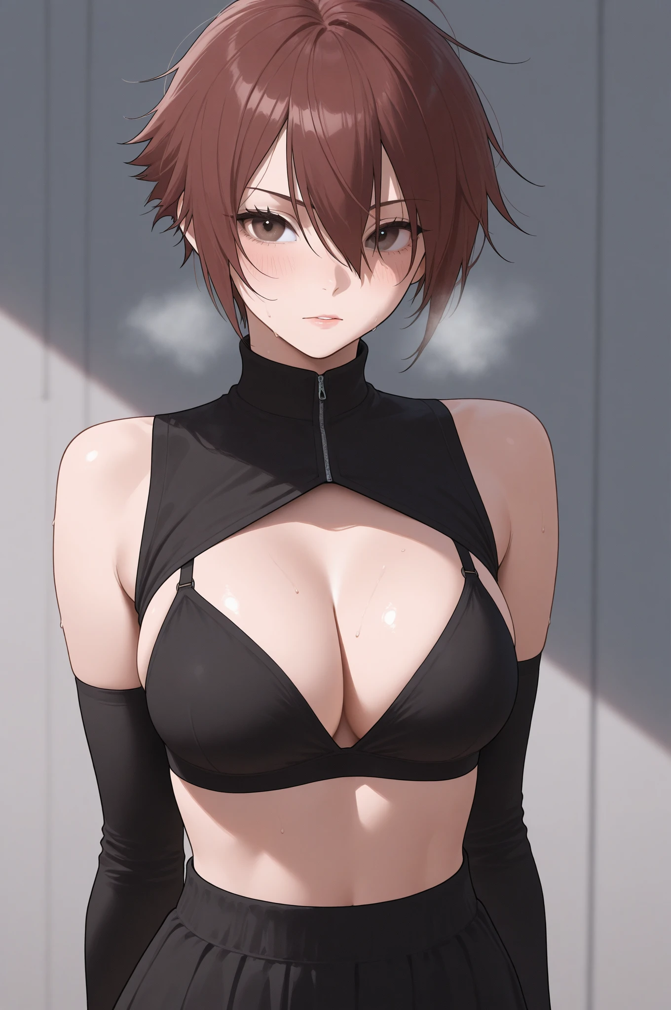 Nagisaki Nobara, ropa de ejercicio,  , cara seductora, , hot, detailed face , front look , standing front, , , hands on back, little smile on face, red cheeks, medium large  size