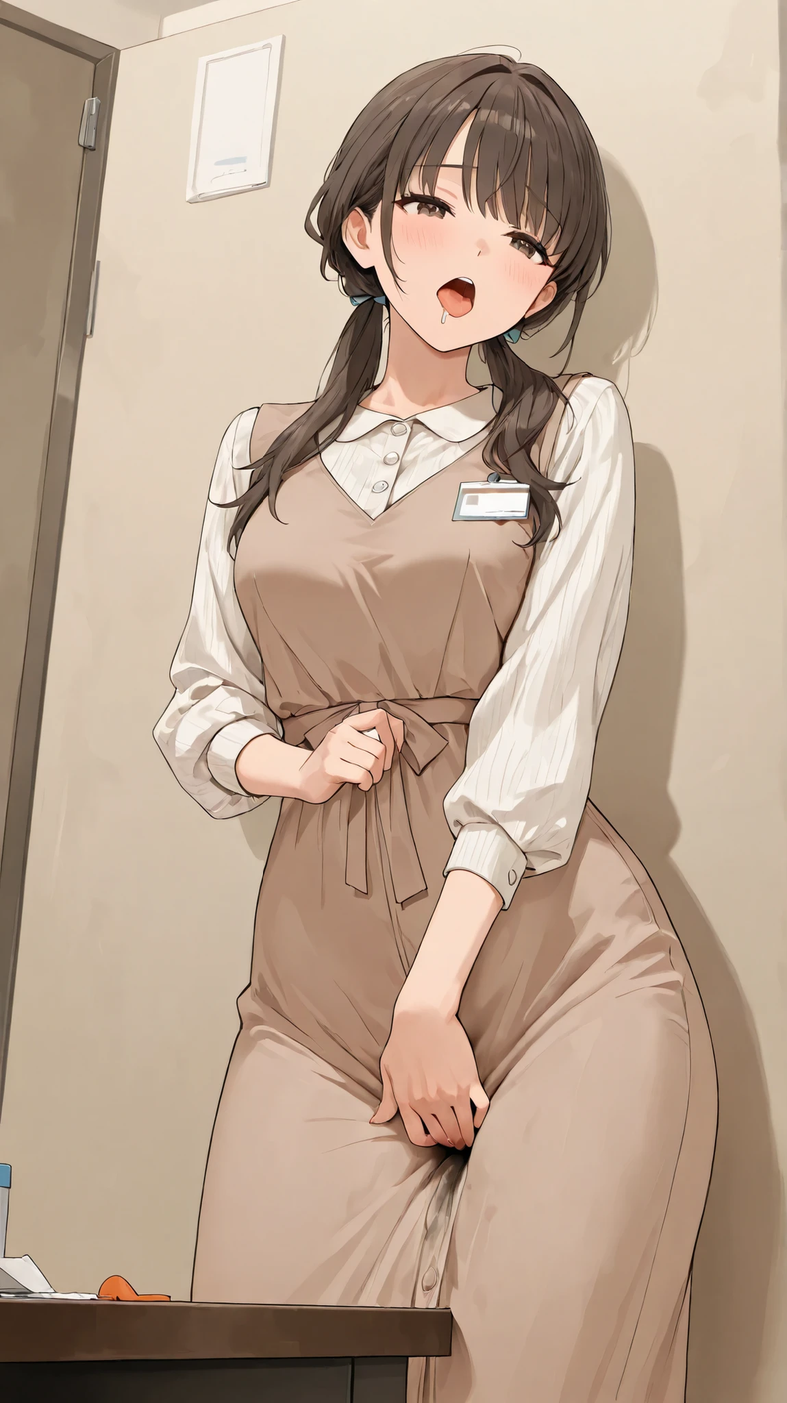 a receptionist, standing, (((grinding her crotch against a corner of a low table for masturbation))), long casual dress, open mouth, tongue, drooling, 