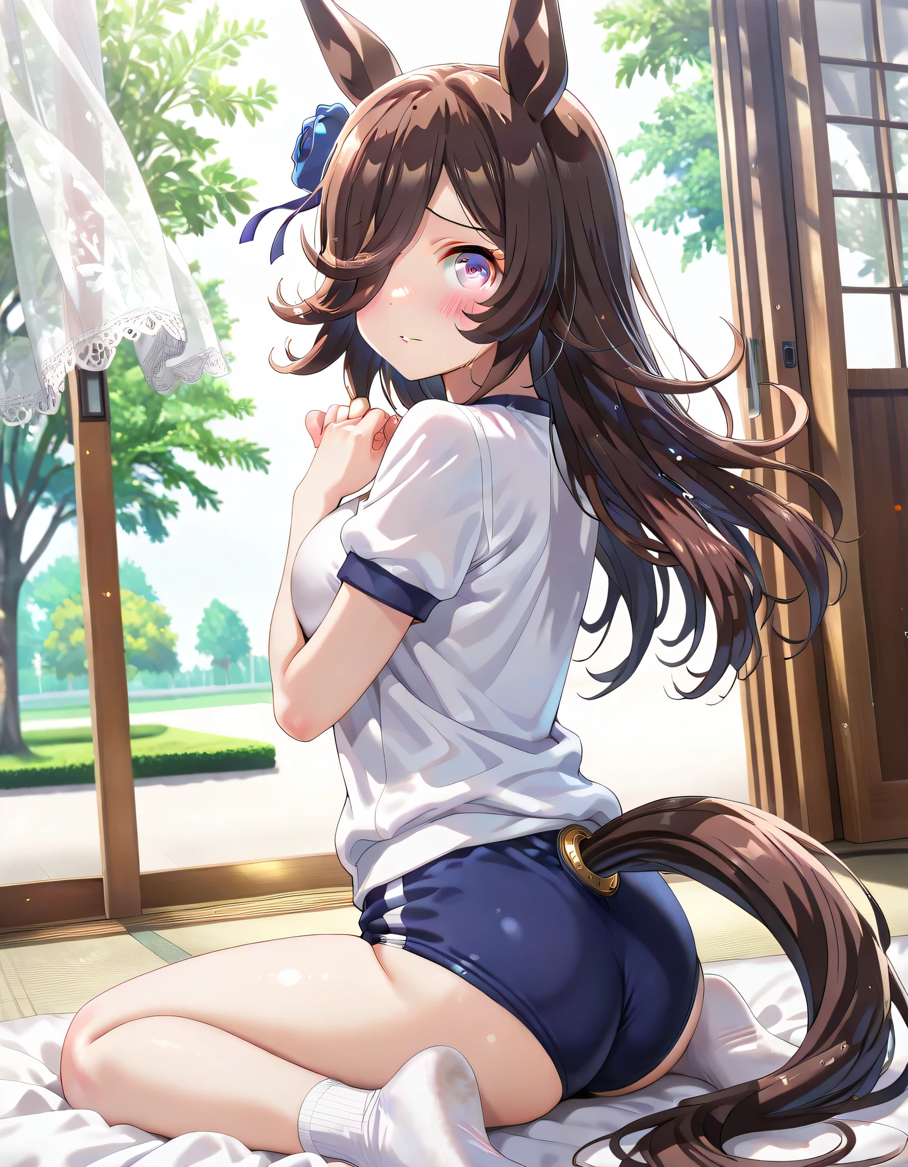 ((ultra-detailed)), (highly detailed CG illustration), (best quality:1.3), ultra-highly detailed, colorful composition, artistic photoshoot, 1girl, solo, moe anime character, Anime-style, harmonious color palette, dainty facial structure, round face, rounded chin:1.2, short stature, rice shower \(umamusume\) animal ears, horse tail, purple eyes, brown hair, hair over one eye, 1girl, horse ears, medium breasts, white gym uniform with Navy blue rim:1.3, navy blue school gym buruma, shy:1.2, blush:1.3, flowing hair in the wind, sitting, wariza:1.3, turn around:1.3, from behind:1.4, angled angle, butt focus:1.2, looking viewer, full body shot, sidelighting, beautiful Japanese shrine background:1.4, depth of field, dynamic pose, contrapposto pose, best quality, masterpiece, cinematic lighting, 8K resolution, portrait, depth of field, caustics, ray tracing, perfect face, lustrous skin, highly detailed face, highly detailed eyes, perfect nose, perfect hair, beautiful hair, beautiful detailed eyes, beautiful small face, extremely detailed face, beautiful clavicle, beautiful body, beautiful ample breasts, breasts squeezed together, beautiful thin thighs, beautiful legs, beautiful fingers, 4 fingers, 1 thumb, lovely, pastel colors palette, kawaii aesthetic, intricate details, girly atmosphere, chromatic aberration