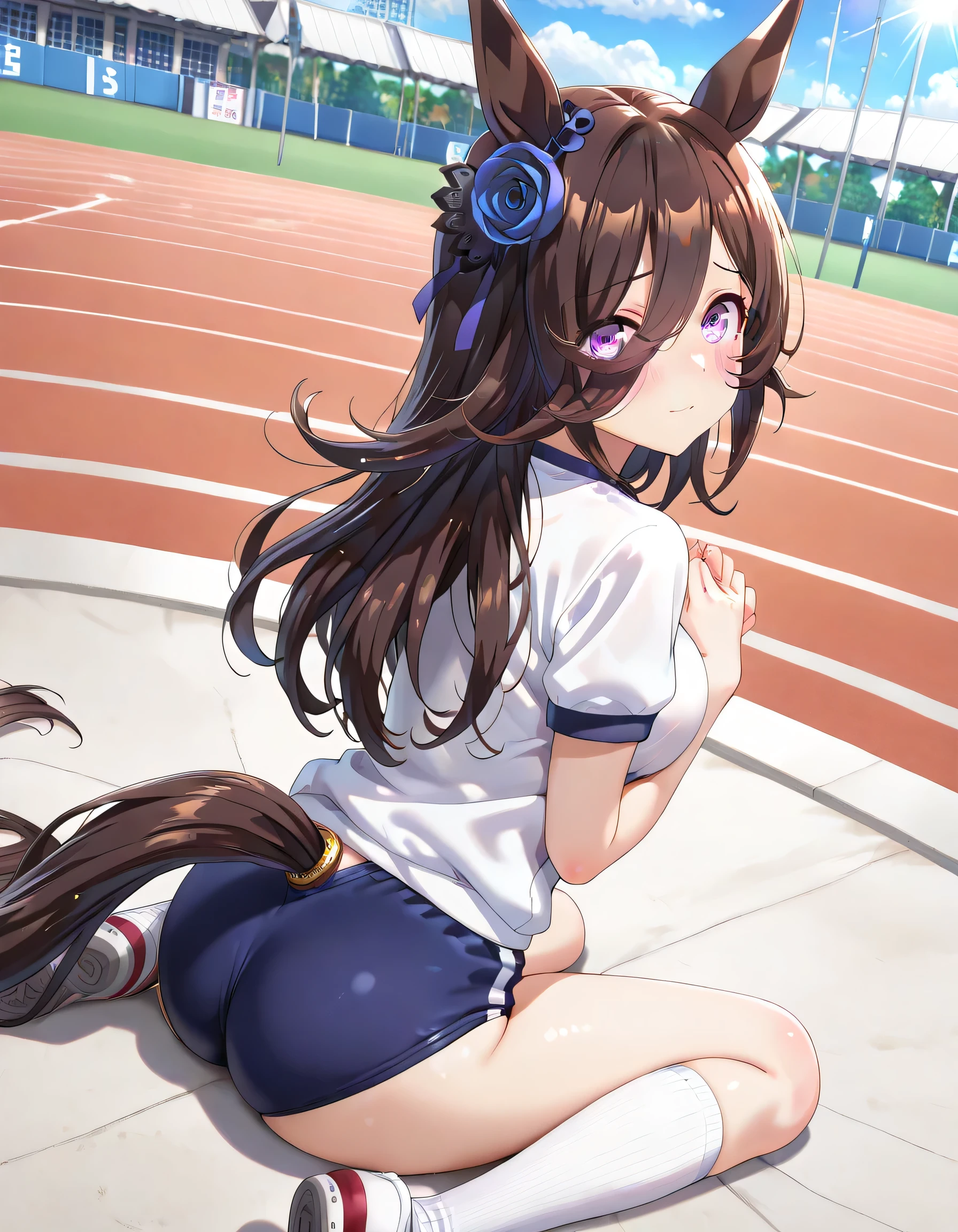((ultra-detailed)), (highly detailed CG illustration), (best quality:1.3), ultra-highly detailed, colorful composition, artistic photoshoot, 1girl, solo, moe anime character, Anime-style, harmonious color palette, dainty facial structure, round face, rounded chin:1.2, short stature, rice shower \(umamusume\) animal ears, horse tail, purple eyes, brown hair, hair over one eye, 1girl, horse ears, medium breasts, white gym uniform with Navy blue rim:1.3, navy blue school gym buruma, shy:1.2, blush:1.3, flowing hair in the wind, sitting, wariza:1.3, turn around:1.3, from behind:1.4, angled angle, butt focus:1.2, looking viewer, full body shot, sidelighting, beautiful blue sky background:1.4, depth of field, dynamic pose, contrapposto pose, best quality, masterpiece, cinematic lighting, 8K resolution, portrait, depth of field, caustics, ray tracing, perfect face, lustrous skin, highly detailed face, highly detailed eyes, perfect nose, perfect hair, beautiful hair, beautiful detailed eyes, beautiful small face, extremely detailed face, beautiful clavicle, beautiful body, beautiful ample breasts, breasts squeezed together, beautiful thin thighs, beautiful legs, beautiful fingers, 4 fingers, 1 thumb, lovely, pastel colors palette, kawaii aesthetic, intricate details, girly atmosphere, chromatic aberration