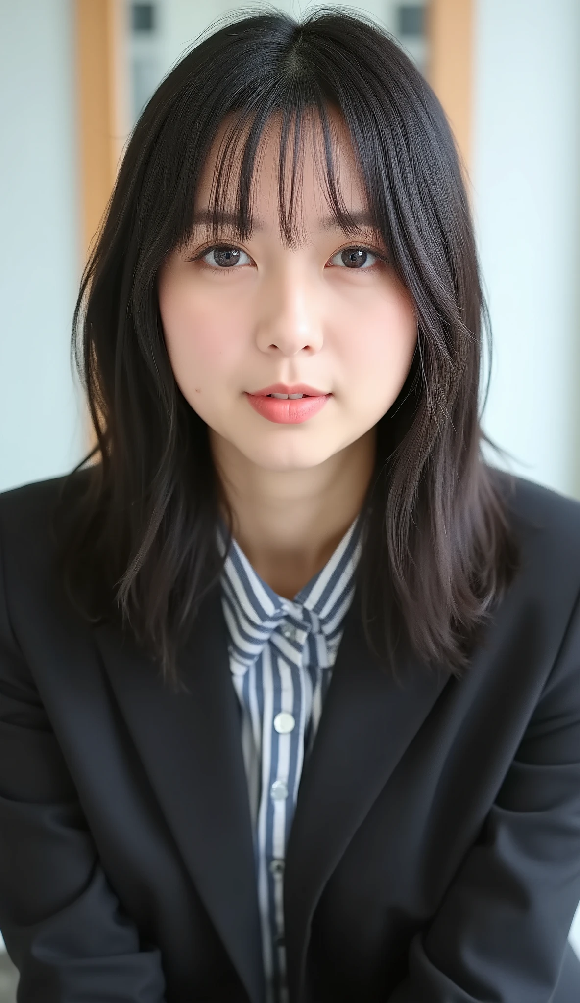 Neat Young Woman、looking at the camera、office lady suit、jacket、shirt、耳にピアス、、無表情、、face close-up、The background is office