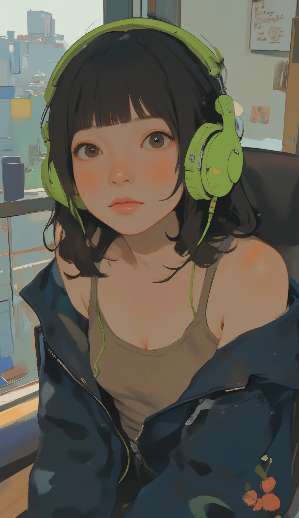 people are sitting , Large size, Bright green headphones. The headphones cover the ears and are fully plugged in、They are connected by a cable that appears to be stretching downwards. They are wearing a fitted taupe tank top, Chair. this, They are wearing a dark blue zip-up jacket, Partially open to reveal a tank top underneath. The fabric of the jacket contrasts with the smooth appearance of the tank top. The left side of the image contains a hint of plush with a subtle floral pattern in the lower right, 背景にbundled behind, bundled behind、Suggesting a comfortable indoor environment, Perhaps a home office or study area. The lighting is soft and natural, Suggesting a room that is well-lit during the day. The composition centers around her upper body, Emphasizing a casual, relaxed atmosphere.