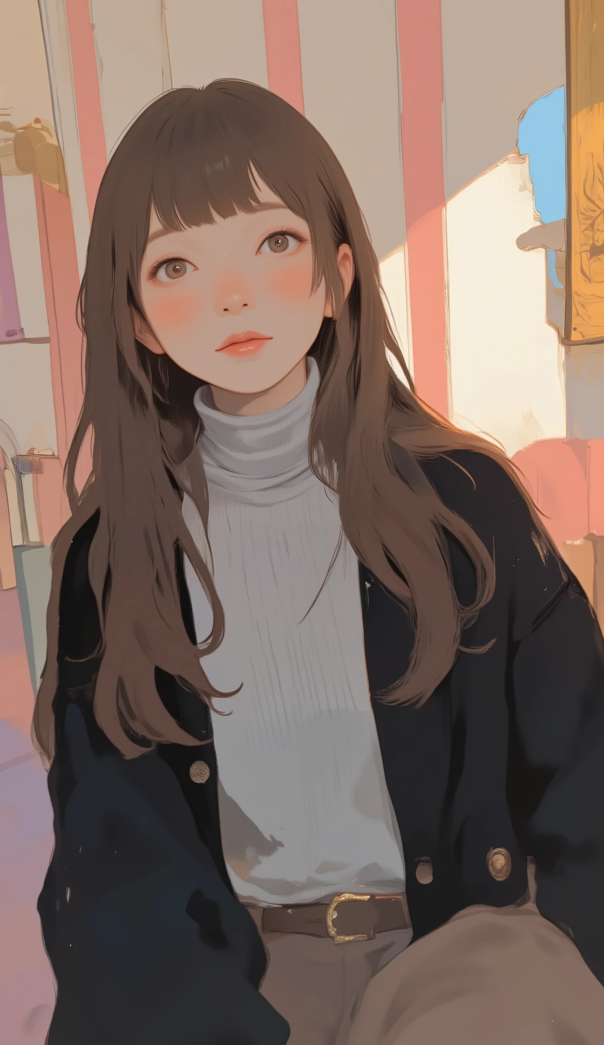 young women sit indoors, she seems to be in an environment decorated in pastel colors. Her Long, has straight brown hair hanging over her shoulders, Framing the clothes she is wearing. she wears comfortable clothes, light gray ribbed turtleneck sweater layered with a black cardigan. Her outfit creates a casual and comfortable atmosphere. vertical pink and white stripes are drawn on the background wall, and adds a playful yet elegant vibe to the room I'm wearing a. hints of the ceiling and part of a gold frame or panel can also be seen. The lighting is bright and natural, create a warm and cozy atmosphere.