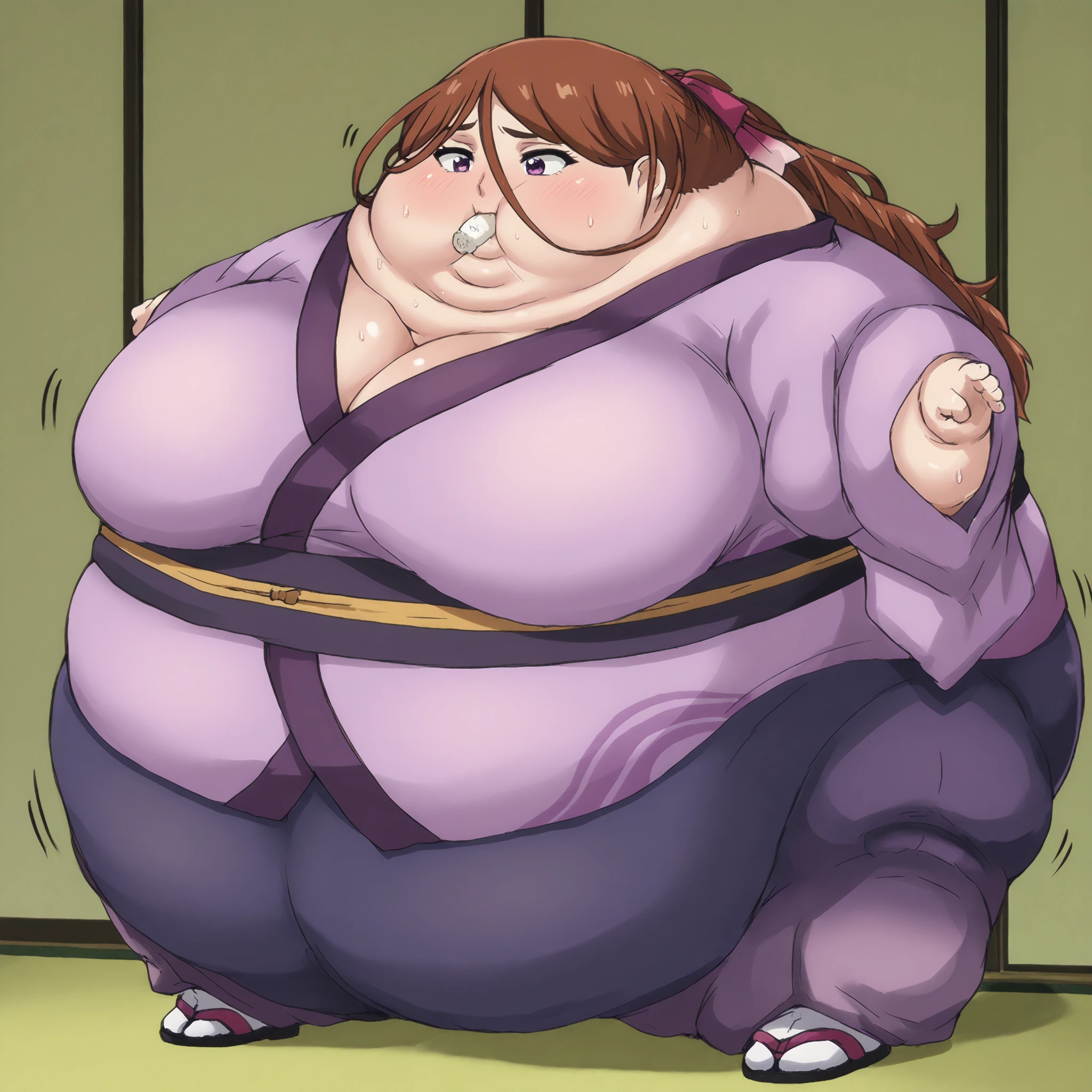  kenshinsatsuki, purple eyes, brown hair, hair between eyes, hair ribbon, long hair, ponytail BREAK
purple kimono, blue sweatpants, sandals, ,  fat, chubby, obese, gigantic arms and legs, large breasts, sweating, wet body, swollen face, Fat_neck , Fat head , eyes with crushed cheeks , nose with crushed cheeks , mouth with crushed cheeks , chin roll, sphere_tf
mini limbs
only head, sphere body, top view 