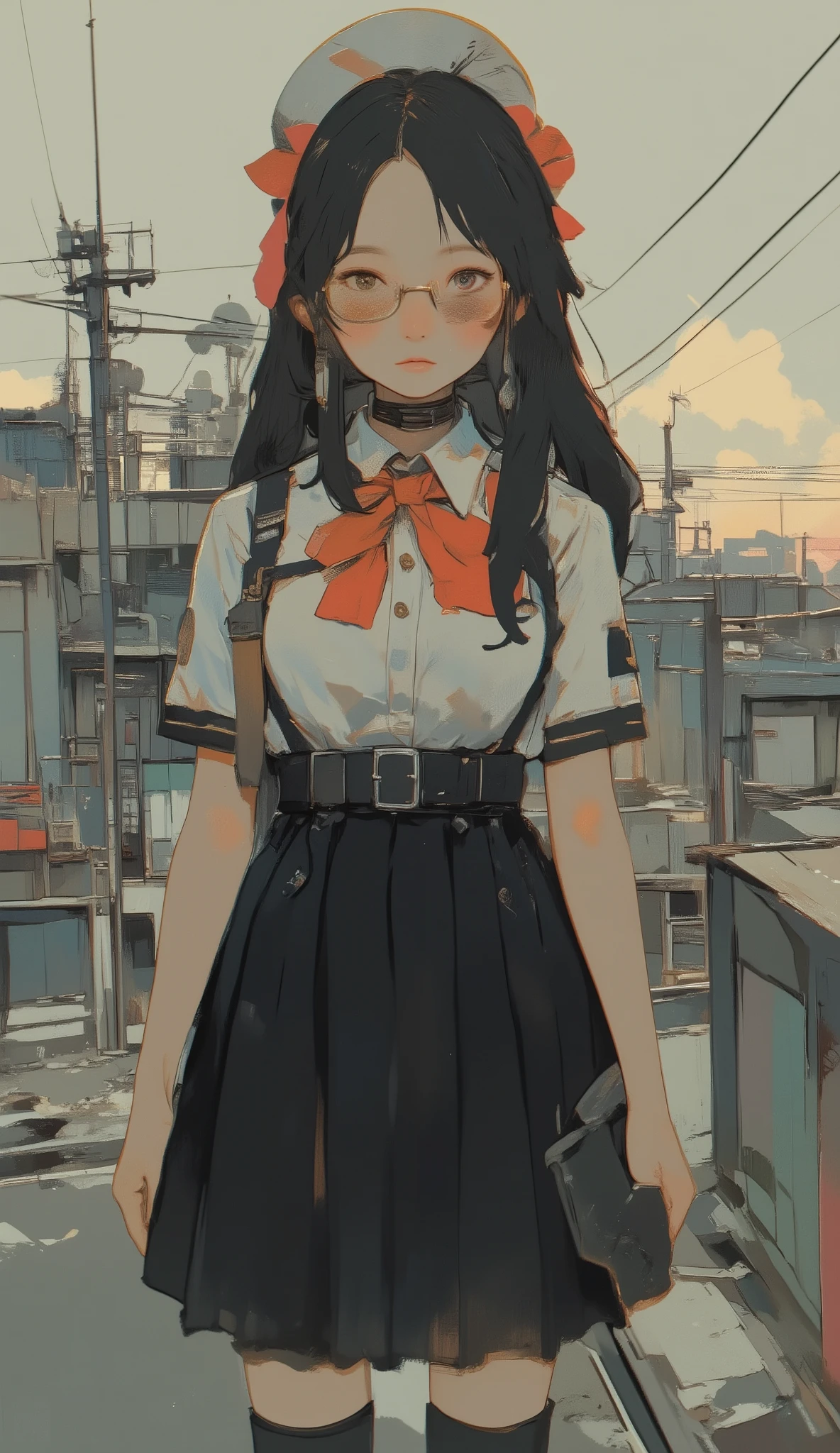 There is a woman in a black and white dress with a red bow, Yoshitomo Nara, weaAlsog headmistress uniform, seifuku, Kojima Ayami Amano , Also, Enoshima Junko, Chiho, Asuka, Sakimi-chan, Rumiko, With glasses, Kojima Shrine, JK uniform