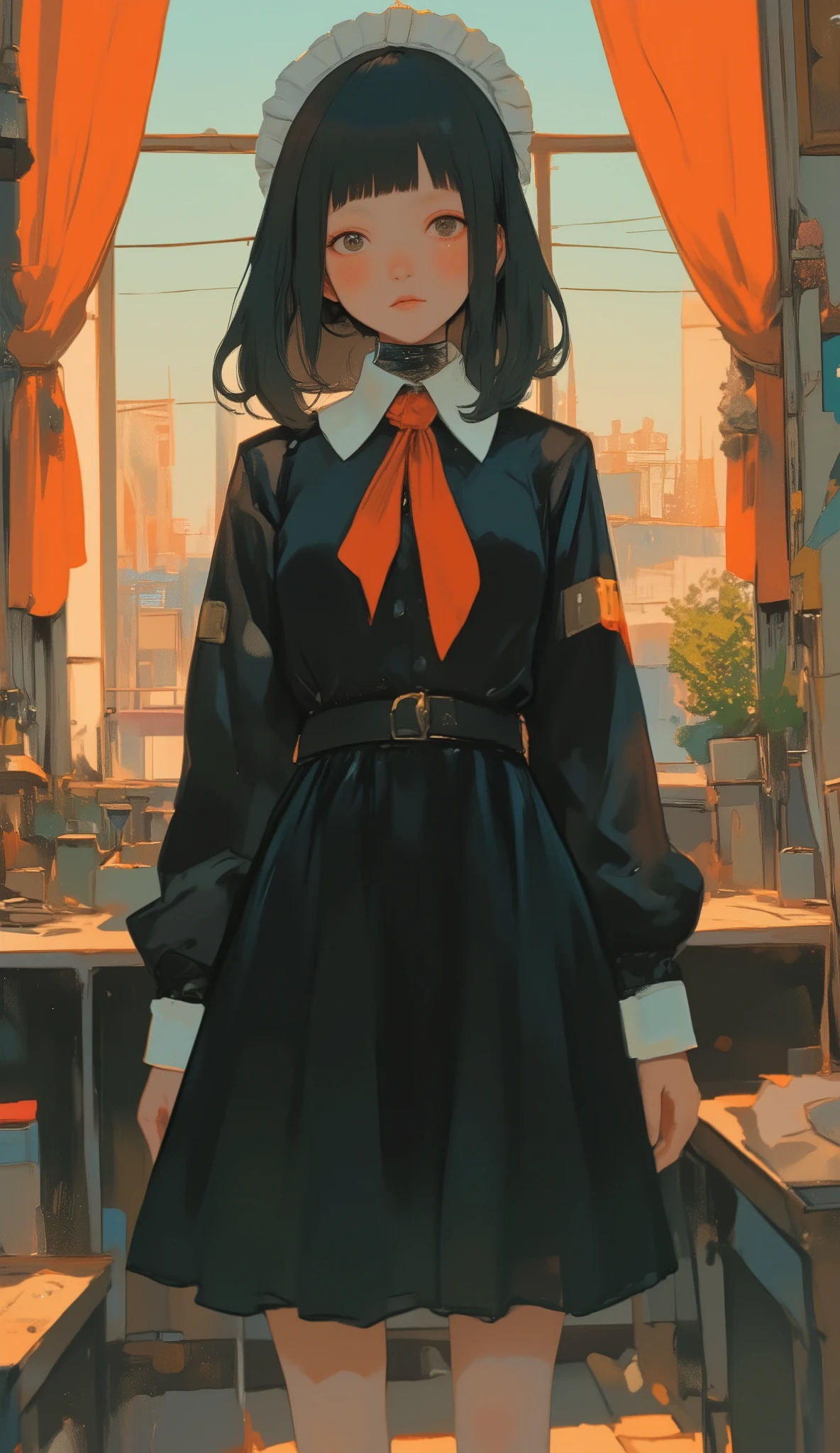 The outfit includes a formal black dress that is slightly transparent en. It has shadows and、highlights the smooth nature of the material, emphasizes the material she is wearing, has a white collar below. adorning the dress large, bright red ribbon, in、contrasting pop colors. The attention to detail in both clothes is emphasized environment, ドレスの肩は少し膨らんinいて. probably satin or similar reflective fabric, enhances the vintage maid aesthetic. 背景の中in, The interaction between the texture of the outfit and light creates a dynamic visual effect {x} You can see a softly lit room with brightly colored drapes and decorative wallpaper, elegant, Classic Setting. The image shows a person wearing a maid-style costume, The bright lighting creates a bright and vibrant atmosphere.