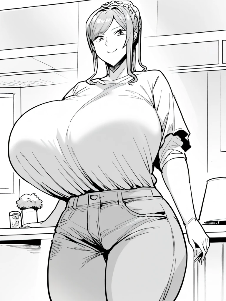 score_9, score_8_up, score_7_up,  
1girl, monochrome, kujou Yukie, mature female, black hair, hair bun, , 

standing, frown, open mouth, looking at viewer, hand on hip, ribbed shirt, sleeveless, jeans, living room, slo,
