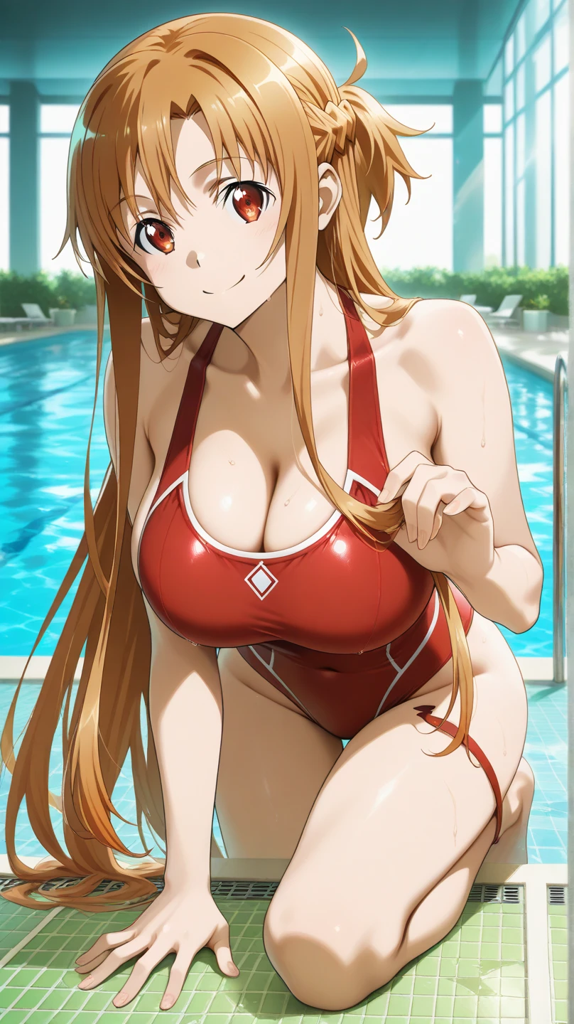 score_9,score_8_up,score_7_up,18 year old,female focus,1girl,asuna \(sao-alo\), sword art online,yuuki asuna,nsfw,brown eyes, brown hair, long hair, bangs, braid,standing,legs up,hand on hip, holding cup,drunk-smirk,blush,large breasts,brown hair,parted hair,long hair,red Slingshot swimsuit,plunging neckline,center opening,cleavage,navel,earrings,bracelet,pool-party ,multiple-black people,surrounding by 5 strong boys(male harem)