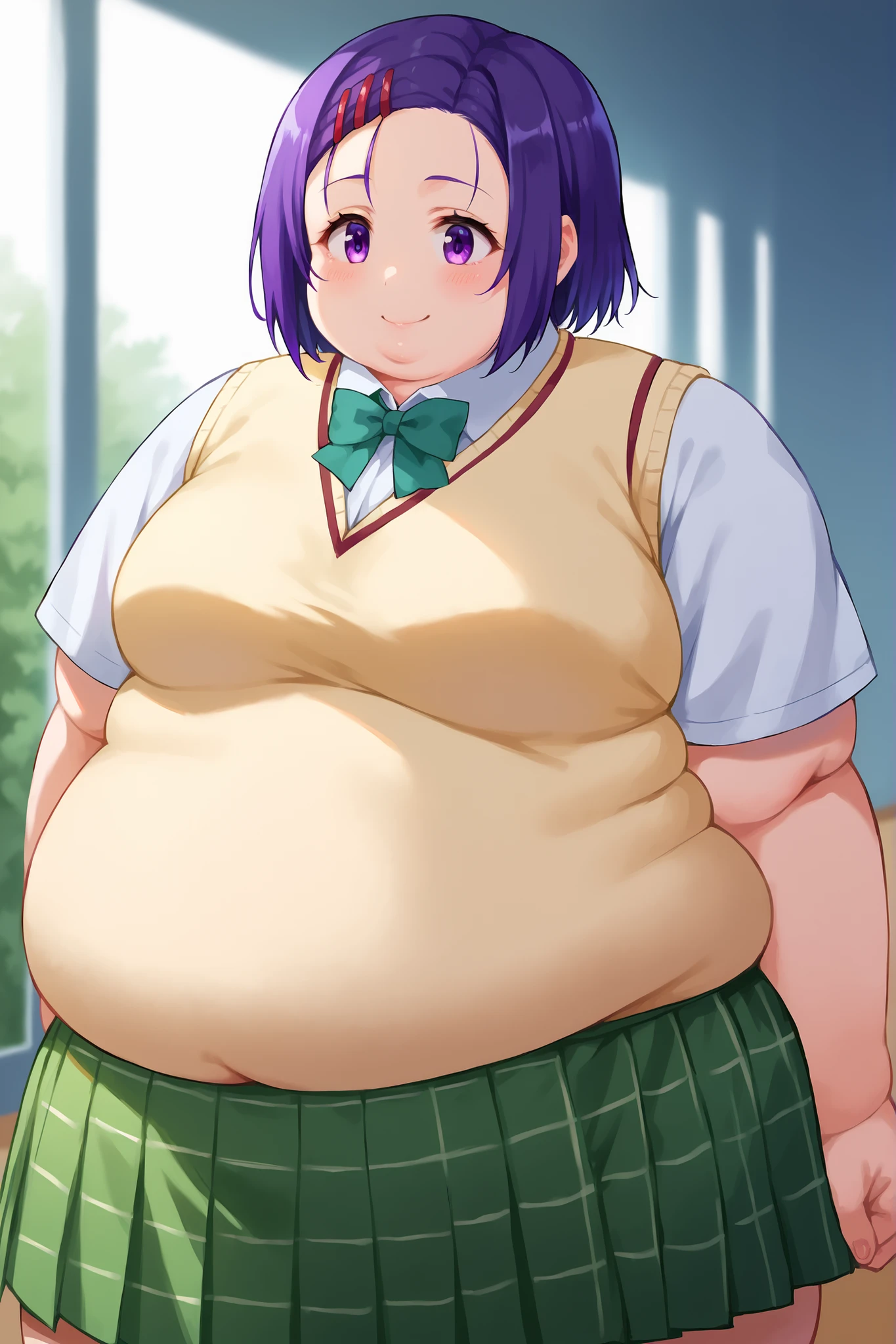 portrait, sharp focus, soft lighting,, , illustration, depth of field, (bloom:0.4), 1girl, harunasairenji, haruna sairenji, hair ornament, hairclip, purple eyes, purple hair, short hair, swept bangs, forehead, green skirt, plaid, plaid skirt, sainan high school uniform, school uniform, skirt, sweater vest, yellow sweater, short sleeves, smile, fat, chubby, obese,