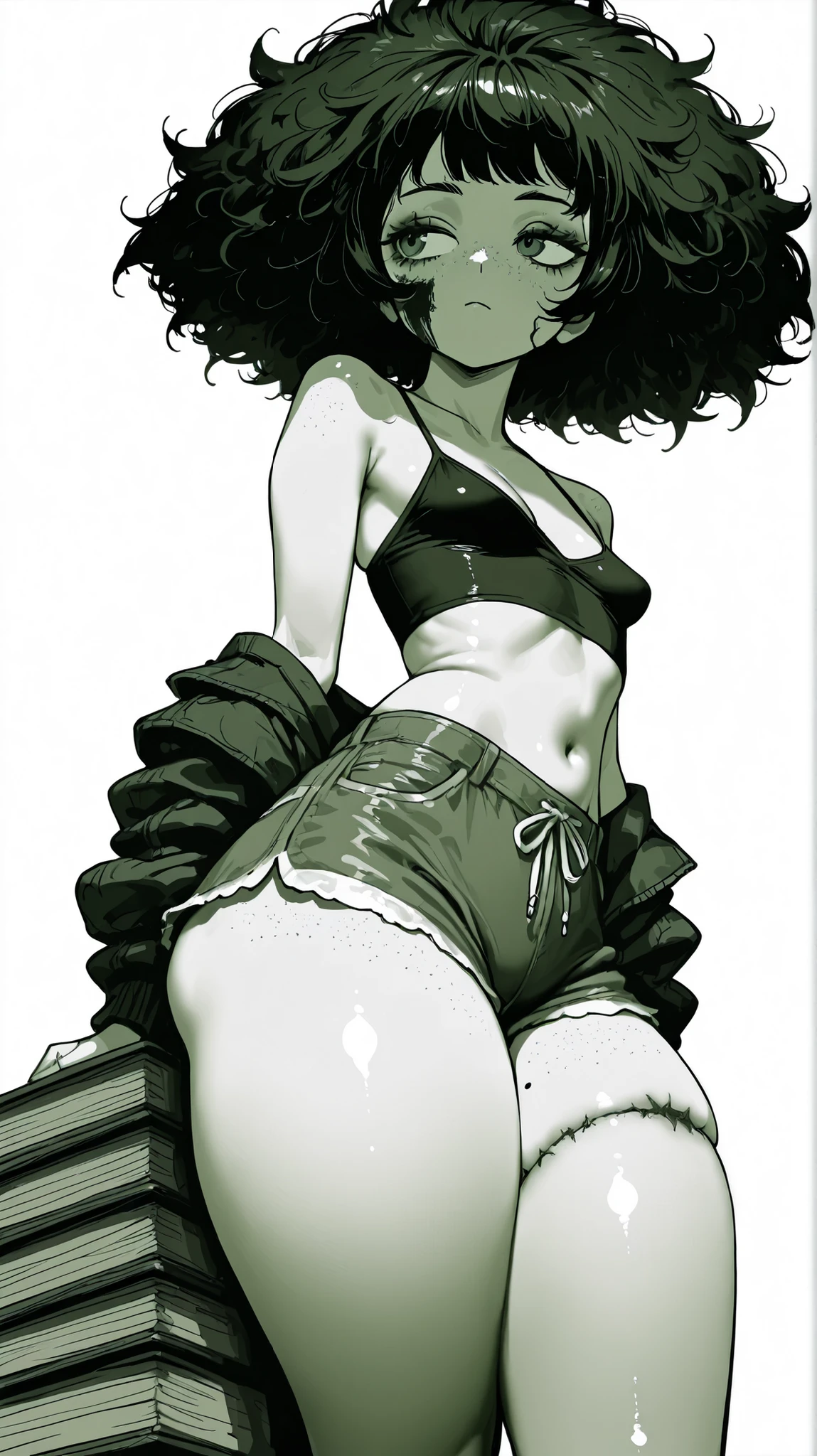 , (fluffy big hair), messy hair, burn on face, exposed jaw, mole on inner thigh, freckles, white background, small , simple background, low angle,, shoulders, cleavage, shiny skin, (violet, dark green theme), 1 girl, ((wearing shorts)), thick thighs, sagging , looking to the side, side view, Midriff, short stack, cute, slim waist