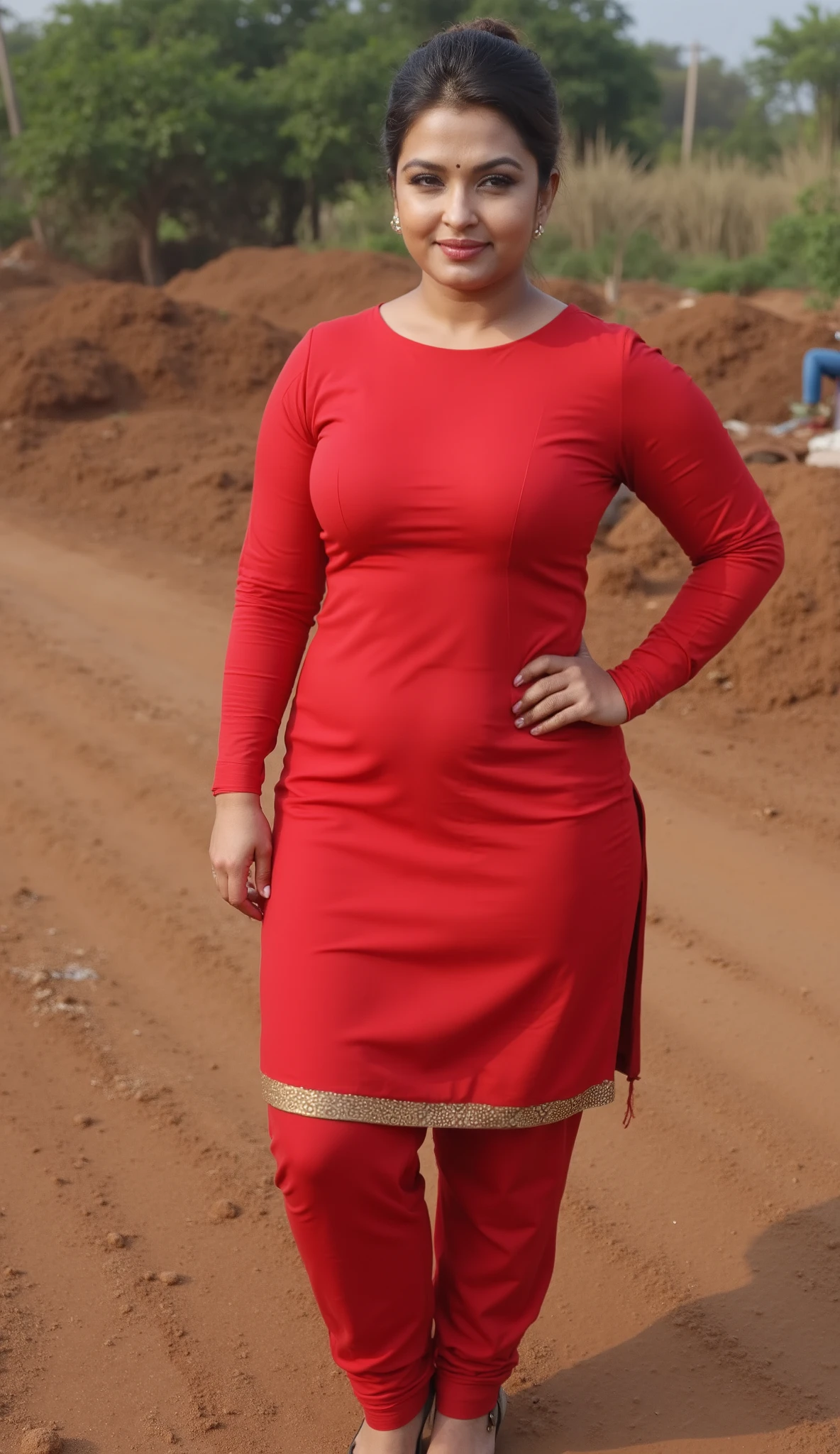 Full view of A 40-year-old busty and curvy Brazilian woman of hourglass figure on standing on a muddy ground. The woman is wearing a full sleeve tight salwar kurti. Her short hair is styled in elegant updo.