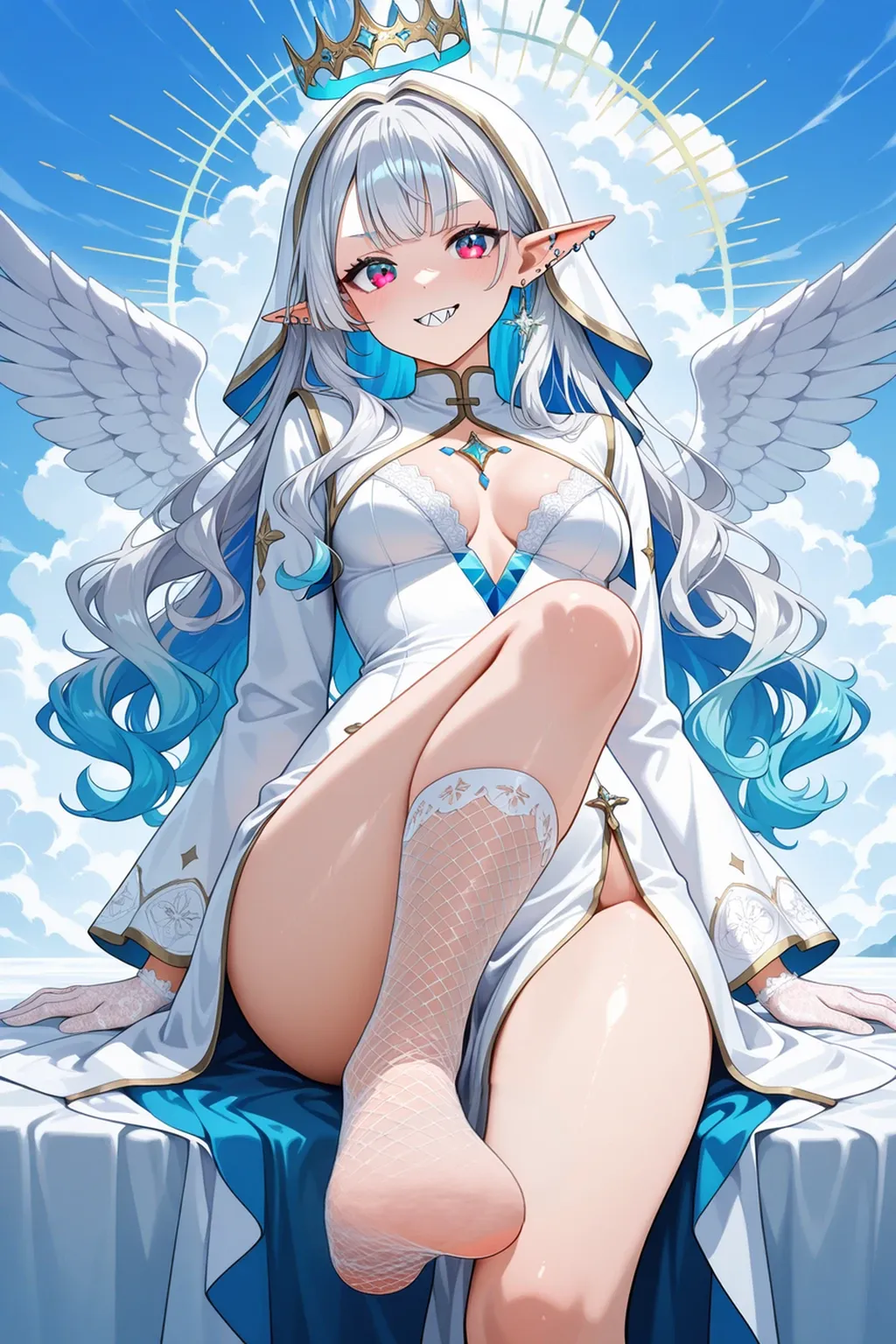 ????, (?????????:1.3), 1girl, ?????, Hairless ?????, ??????, tummy, small ??????, firm ???????, spoken heart, ??????????, from below, (embarrassed, blush, ???????:1.2), ??????, troubled face, (???????????, knees up, toes:1.2), lying down, at the beach, (masterpiece, best quality, perfect ???????, dynamic lighting, character focus:1.2), (close to viewer:1.3), closed eyes, open mouth, white skin, kanatafourth, white hair, angel wings