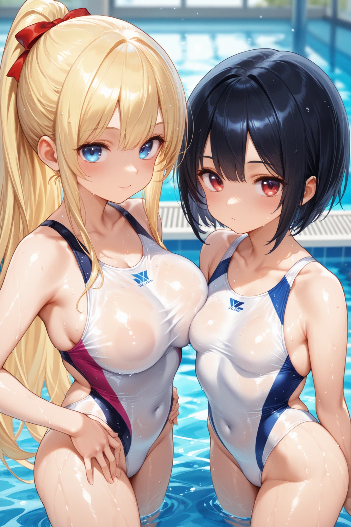 ,2girls,lineup,duo,,upper body,(pov:1.5),face,light White hair,,lblue eyes,,Impossible swimsuit,tight skin,shiny skin,masterpiece, best quality, very aesthetic, absurdres,front view,looking at viewer,pool,poolside,(),( Press),( cut out school swimsuit:1.3)