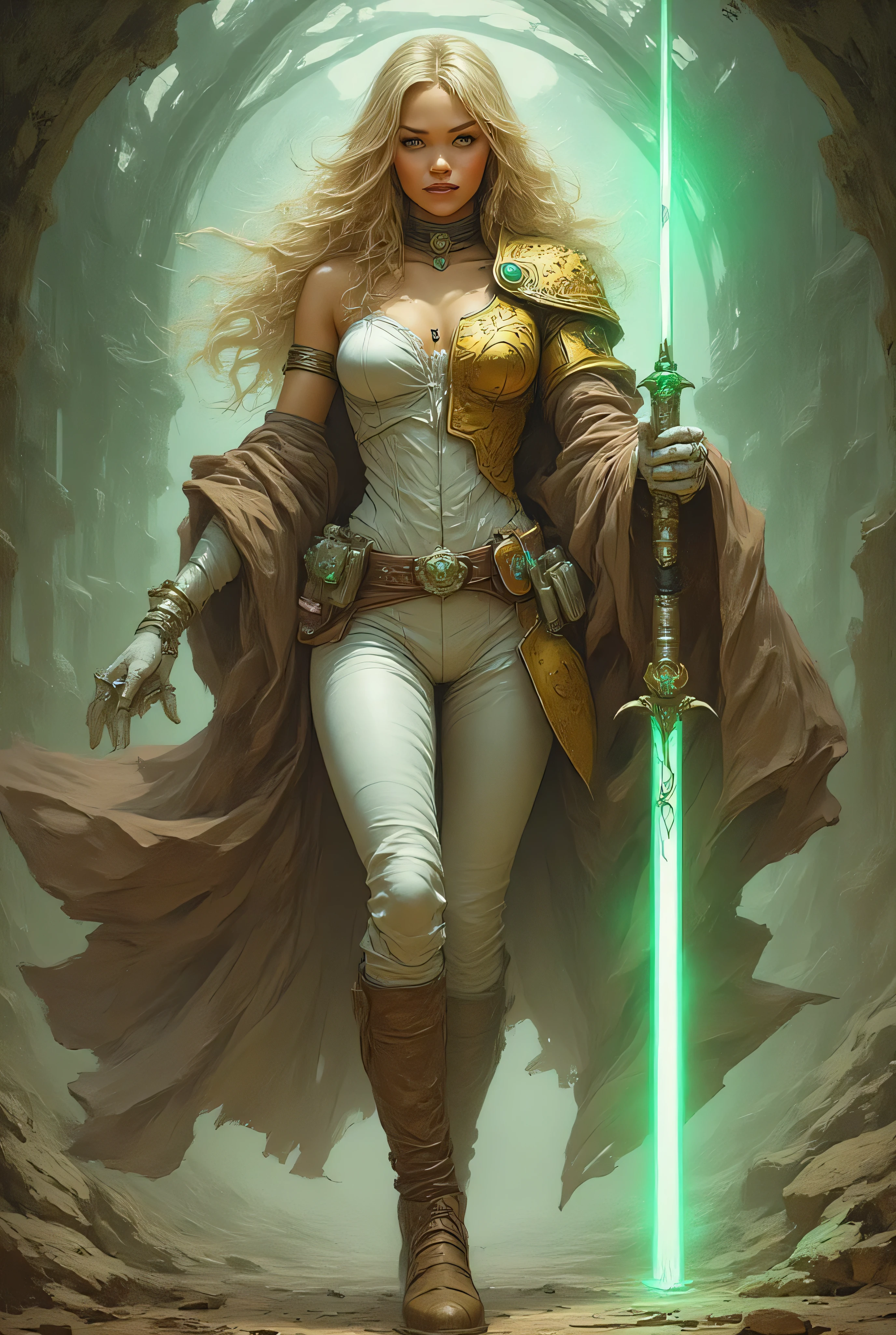 masterpiece, 8k resolution, ultra detailed, pastel color palette, beige skin surface, bright pink and light blue highlights. A striking scene with a stunning woman with long blonde hair flowing over her shoulders. She wears distinctive attire that includes an asymmetric gold and white bodice with gold draping extending down her hips. The left side of her arm is covered by a white glove, while her right arm is bare except for a bracelet. She wears tight white pants and knee-high brown boots. A thick brown cape is draped over her shoulders, with gold padding on her right shoulder and a green jewel in the center. She carries a green lightsaber in her right hand illuminating the surroundings with a warm light and a gold tiara with a green gem on her head.. A pendant hangs around her neck, complementing the overall theme. The backdrop is a dimly lit, mysterious environment with abstract structures and dim lighting that adds intrigue. The lighting casts soft shadows, creating a captivating and intense atmosphere.