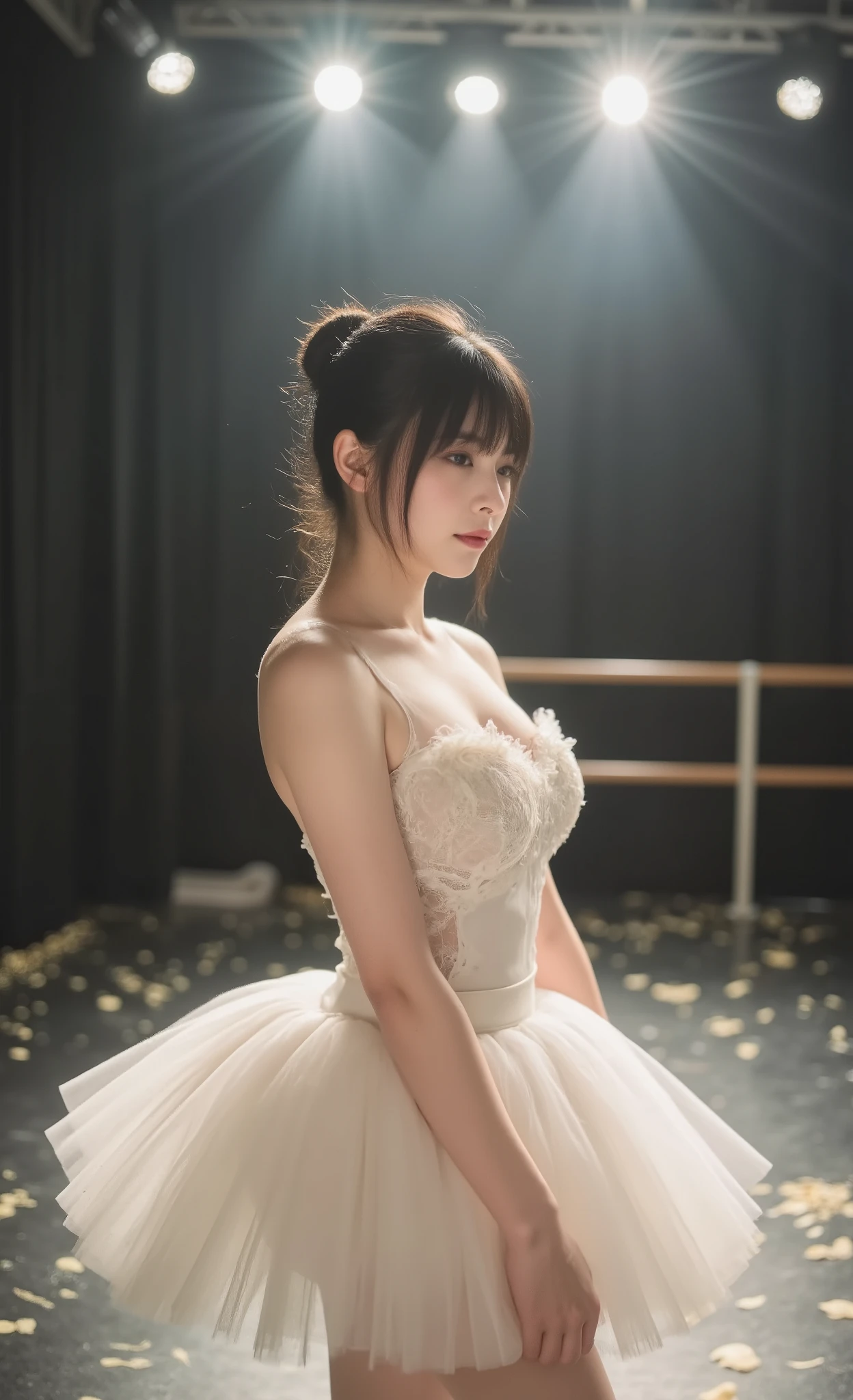 masterpiece, photorealistic, 8k uhd, super detailed, Ultra realistic, Highest Quality, A ballerina in a white tutu photographed during costume rehearsal, Theatrical spotlights creating a dramatic chiaroscuro effect, Speckled light patterns scattered across the stage floor, Shot with a Sony Alpha 1 and a GM 135mm lens/1.8, Gorgeous bokeh thanks to Sony's signature rendering, Light flares add an atmospheric glow, Sharp focus capturing the dancer's perfect posture, Dramatically capturing droplets of sweat on skin as they catch light, Showing exceptional muscle definition and facial expression, Stage lights transformed into softly glowing spheres、(curvy:1.5、huge breasts:1.2)