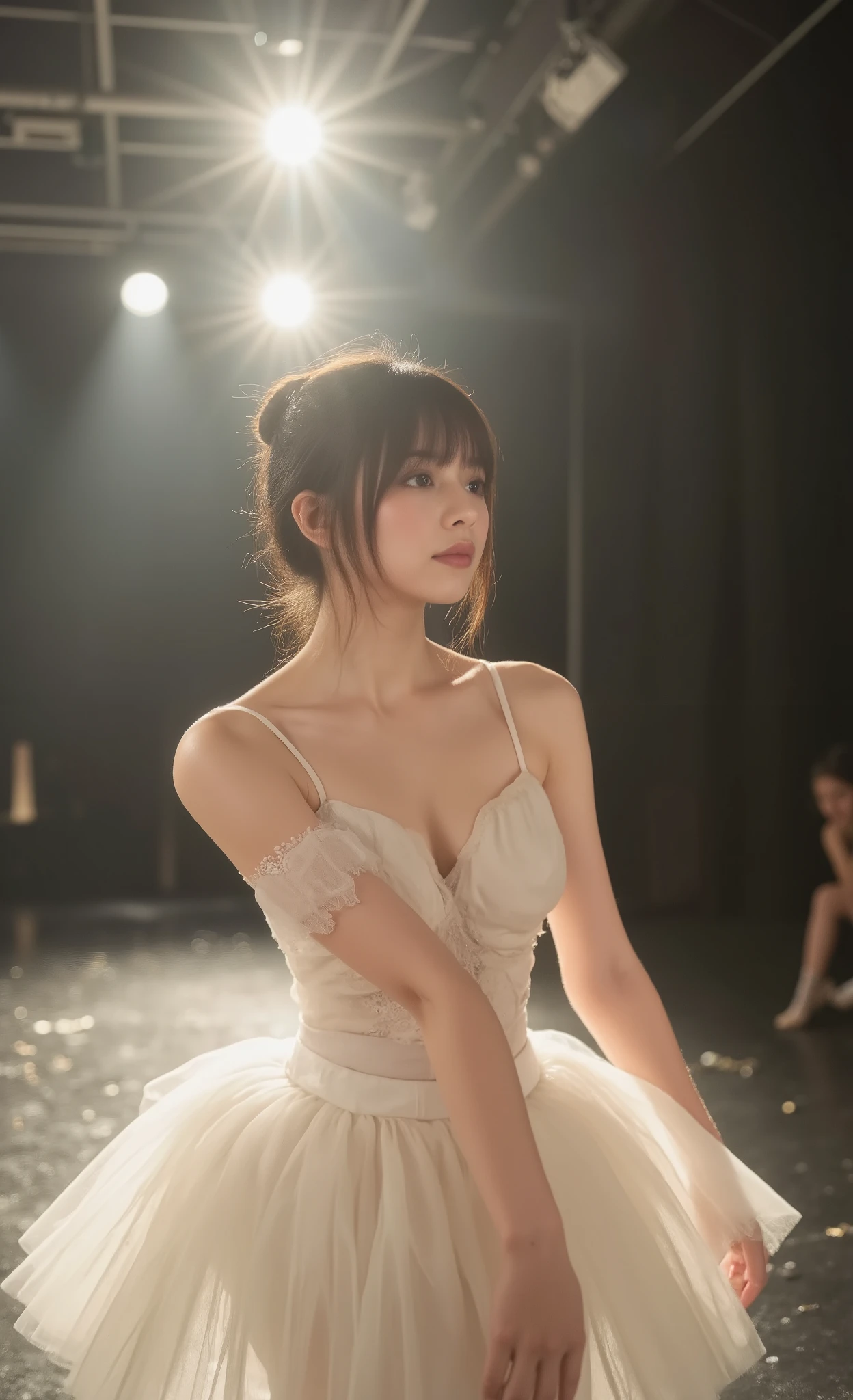 masterpiece, photorealistic, 8k uhd, super detailed, Ultra realistic, Highest Quality, A ballerina in a white tutu photographed during costume rehearsal, Theatrical spotlights creating a dramatic chiaroscuro effect, Speckled light patterns scattered across the stage floor, Shot with a Sony Alpha 1 and a GM 135mm lens/1.8, Gorgeous bokeh thanks to Sony's signature rendering, Light flares add an atmospheric glow, Sharp focus capturing the dancer's perfect posture, Dramatically capturing droplets of sweat on skin as they catch light, Showing exceptional muscle definition and facial expression, Stage lights transformed into softly glowing spheres、(curvy:1.5、huge breasts:1.2)