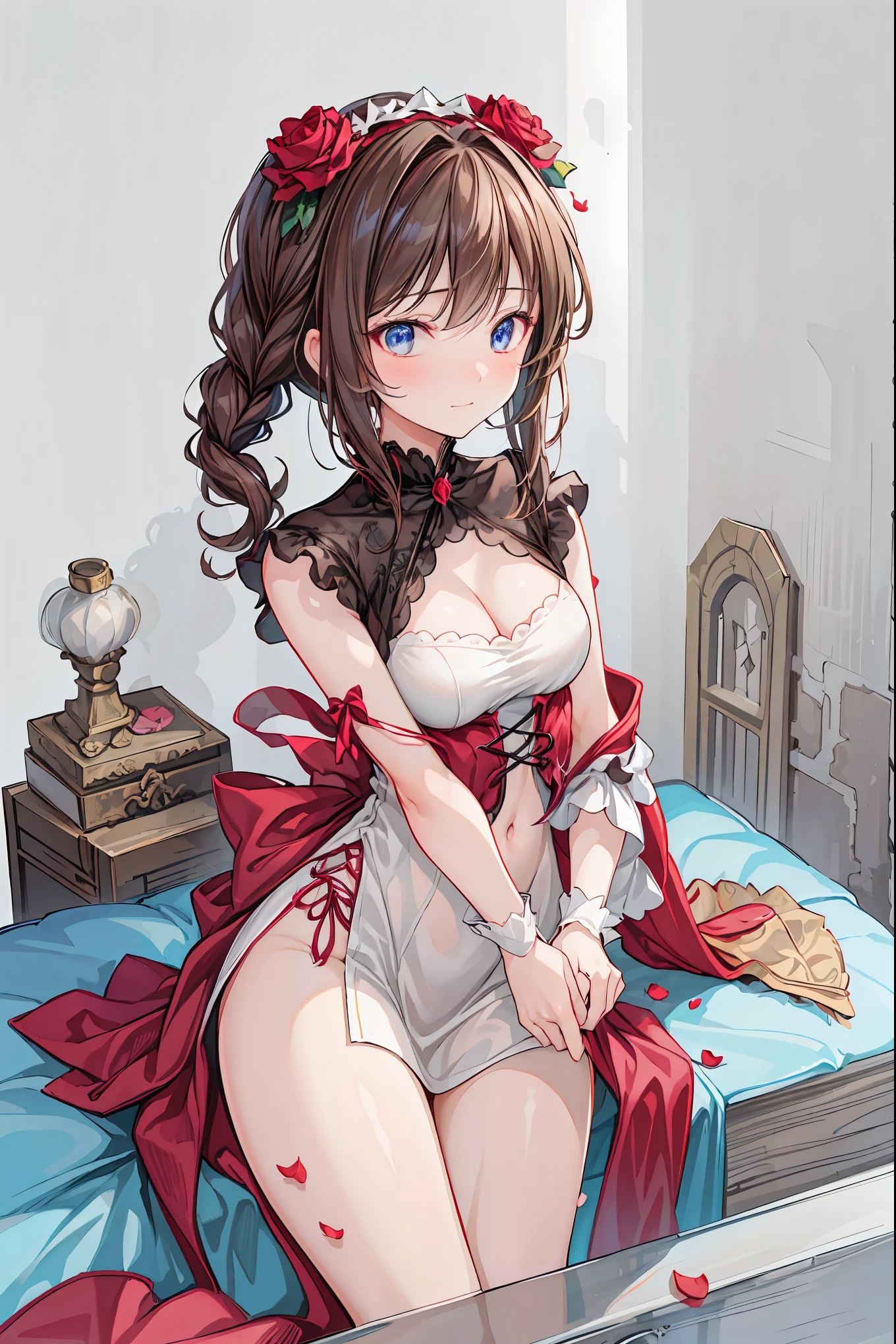 rozen maiden、The Rose Knight、 Rose Warrior 、Its beauty is like a rose、 petals一枚ごとに棘の秘密を隠す ，brown hair，shortcuts，unkempt hair，Short braided hair，Neat，slender beauty，correct posture，small breasted，beautiful legs，Fascinating Gray-Blue Eyes Shine Like Stars，Saggy Eyes，Brilliant Colors,beautiful eyes,A delicate smile,Textured Skin,Highest Quality,gentle and beautiful woman,anime style､，1girl,detailed portrait,gorgeous maiden,rose knight,rose warrior, petals,rose thorns,cinematic lighting,ambient glow,soft light,vivid colors,highly detailed,photorealistic,4k,8k,professional digital art,masterpiece,precise detailed depiction