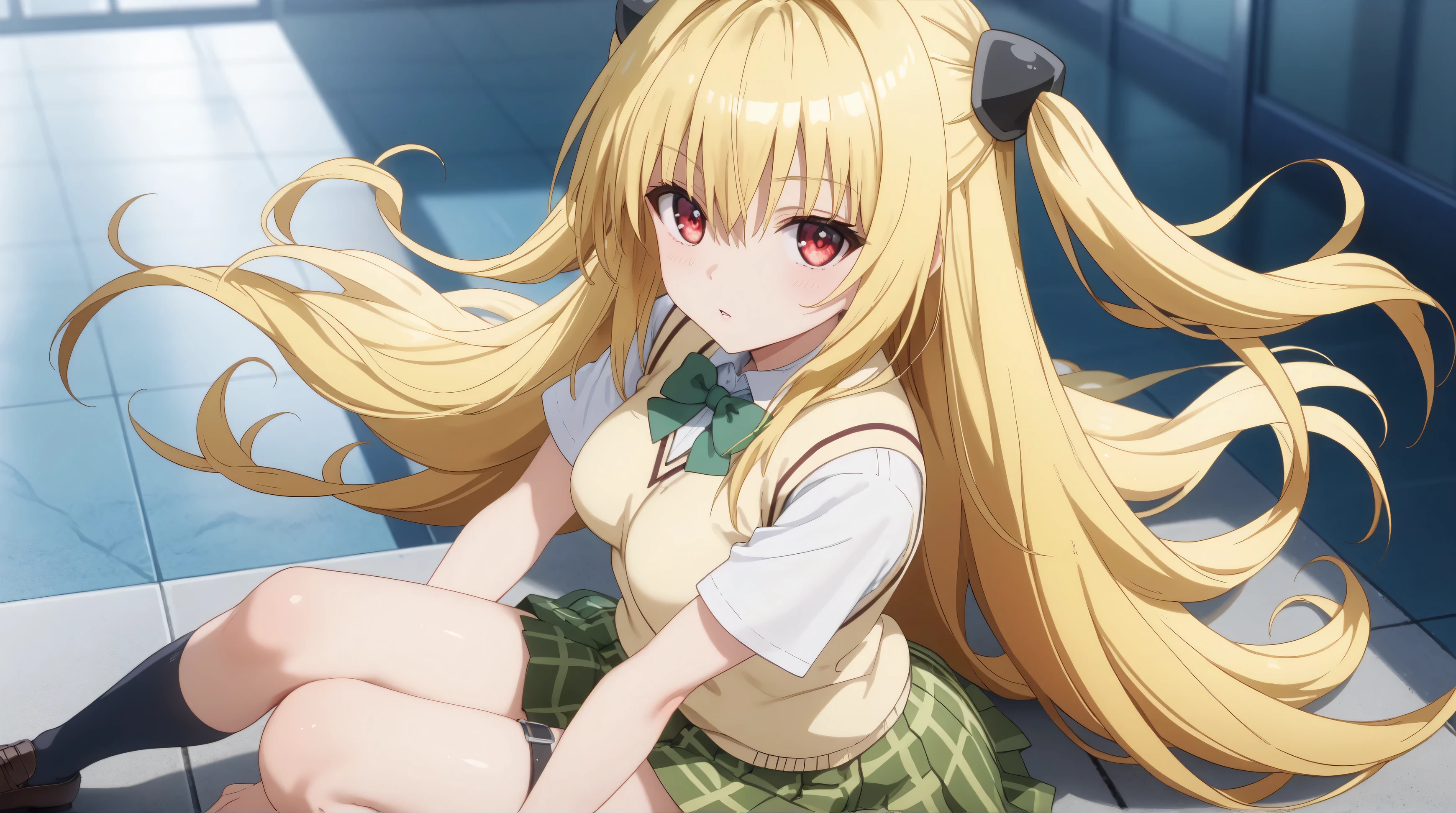 Konjiki no Yami, very long hair,blonde hair,two side up,hair ornament,hair intakes,hair between eyes,bangs,red eyes, school uniform,sweater vest,yellow vest,white shirt,collared shirt,green bowtie,short sleeves,medium breasts,miniskirt,green skirt,plaid skirt,pleated skirt,thigh strap,black socks,loafers, thigh gap, glossy skin, glistening skin, looking at viewer, Tempting body