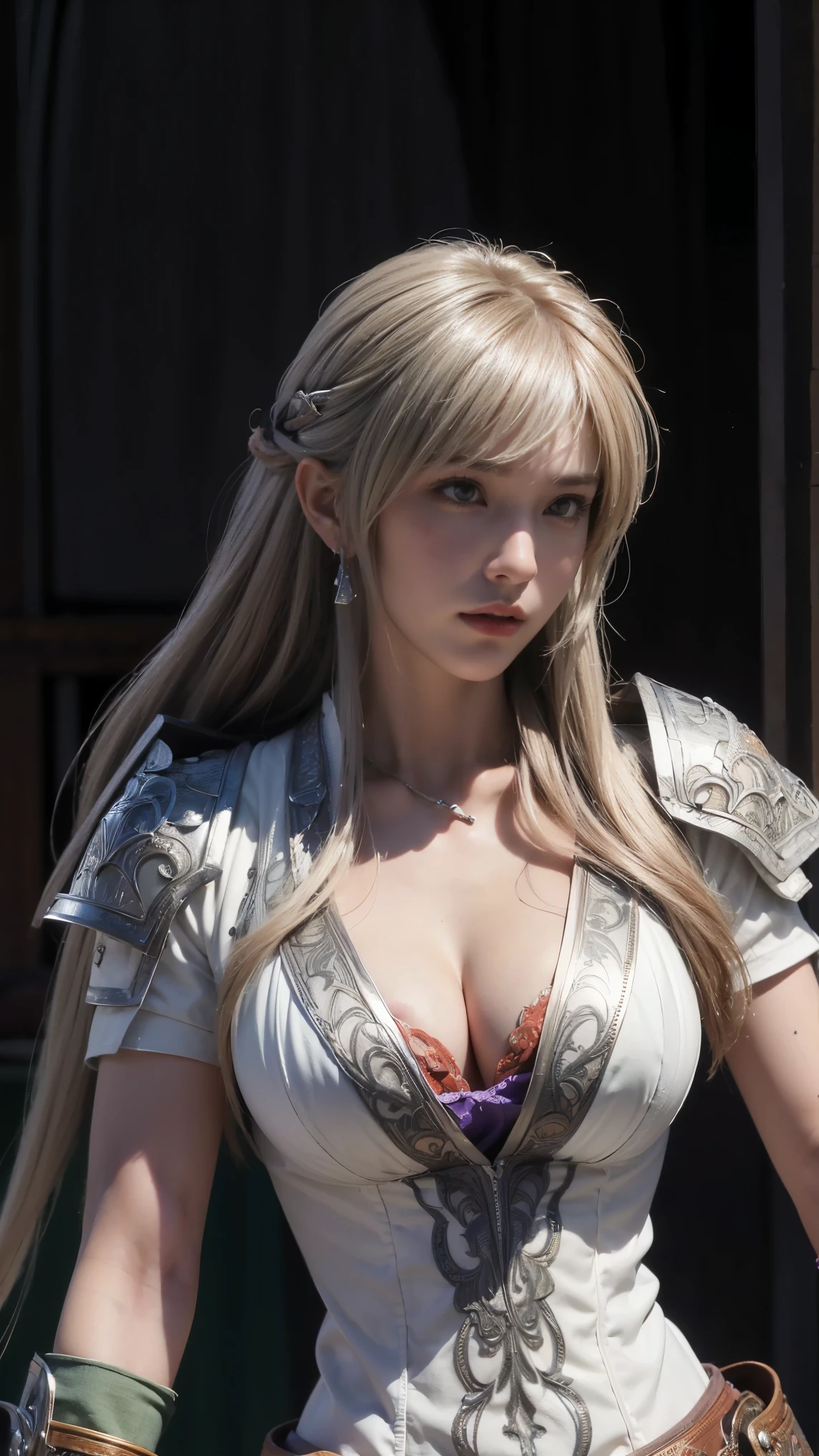 masterpiece,best quality, best,high resolution,8k,((portrait)),(head close-up),original pictures,live-action,digital photo,(Medieval fantasy female adventurer),(Fantasy World Warrior),18 year old girl,( BLACK AND RED HAIR GRADATION ), purple random hairstyle ,Red Eyes,( white and gray gradient long hair,Purple),(big boobs),Luxurious Ornaments,Split lips,Keep your mouth shut ,((Shy)),Serious and arrogant,Serene and handsome,( medieval fantasy combat suit ,Joint Armor,Lightweight leather protection,Beautiful magic badge,Medieval armor made from a combination of leather and metal,Delicate pattern),Bare Shoulders,((slender physique)), photo pose ,fantasy style with medieval characteristics,Night city background,oc rendering reflective texture