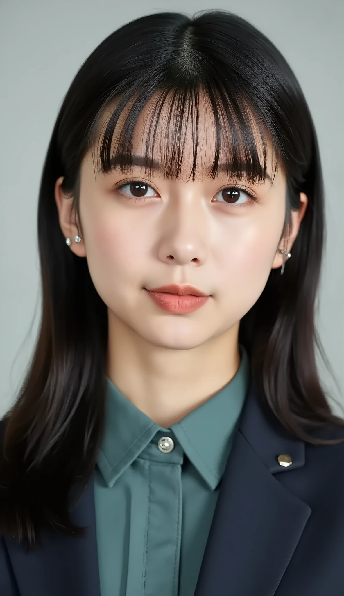 Neat Young Woman、looking at the camera、office lady suit、jacket、shirt、耳にピアス、、無表情、、face close-up、The background is office