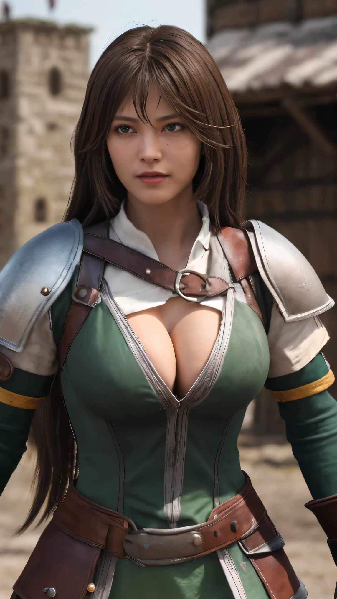 masterpiece,best quality, best,high resolution,8k,((portrait)),(head close-up),original pictures,live-action,digital photo,(Medieval fantasy female adventurer),(Fantasy World Warrior),18 year old girl,( BLACK AND RED HAIR GRADATION ), purple random hairstyle ,Red Eyes,( white and gray gradient long hair,Purple),(big boobs),Luxurious Ornaments,Split lips,Keep your mouth shut ,((Shy)),Serious and arrogant,Serene and handsome,( medieval fantasy combat suit ,Joint Armor,Lightweight leather protection,Beautiful magic badge,Medieval armor made from a combination of leather and metal,Delicate pattern),Bare Shoulders,((slender physique)), photo pose ,fantasy style with medieval characteristics,Night city background,oc rendering reflective texture