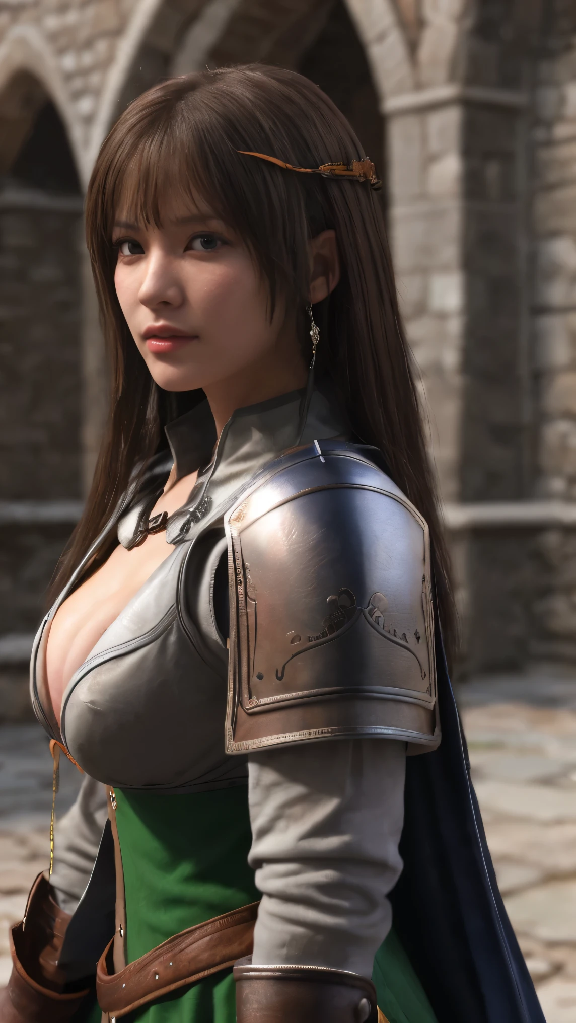 masterpiece,best quality, best,high resolution,8k,((portrait)),(head close-up),original pictures,live-action,digital photo,(Medieval fantasy female adventurer),(Fantasy World Warrior),18 year old girl,( BLACK AND RED HAIR GRADATION ), purple random hairstyle ,Red Eyes,( white and gray gradient long hair,Purple),(big boobs),Luxurious Ornaments,Split lips,Keep your mouth shut ,((Shy)),Serious and arrogant,Serene and handsome,( medieval fantasy combat suit ,Joint Armor,Lightweight leather protection,Beautiful magic badge,Medieval armor made from a combination of leather and metal,Delicate pattern),Bare Shoulders,((slender physique)), photo pose ,fantasy style with medieval characteristics,Night city background,oc rendering reflective texture