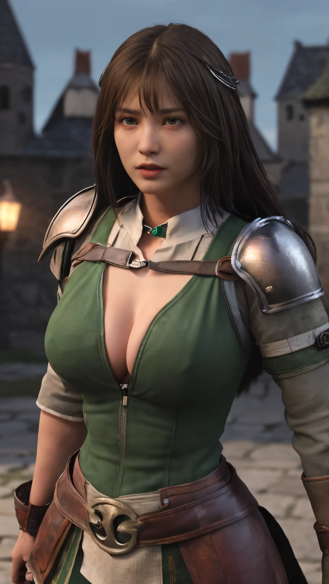 masterpiece,best quality, best,high resolution,8k,((portrait)),(head close-up),original pictures,live-action,digital photo,(Medieval fantasy female adventurer),(Fantasy World Warrior),18 year old girl,( BLACK AND RED HAIR GRADATION ), purple random hairstyle ,Red Eyes,( white and gray gradient long hair,Purple),(big boobs),Luxurious Ornaments,Split lips,Keep your mouth shut ,((Shy)),Serious and arrogant,Serene and handsome,( medieval fantasy combat suit ,Joint Armor,Lightweight leather protection,Beautiful magic badge,Medieval armor made from a combination of leather and metal,Delicate pattern),Bare Shoulders,((slender physique)), photo pose ,fantasy style with medieval characteristics,Night city background,oc rendering reflective texture