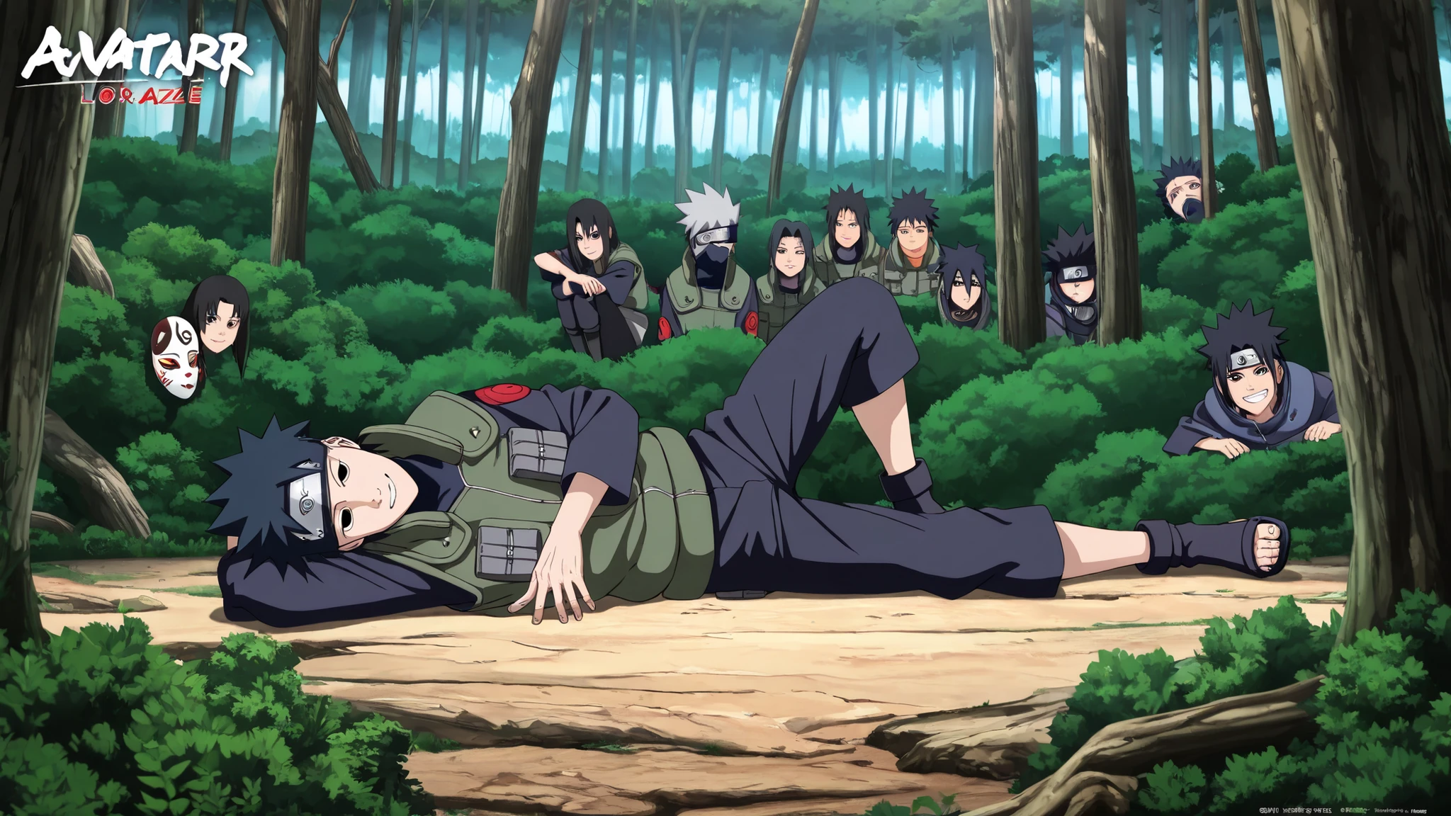 1boy,(Wearing a white Kabuki mask), anime characters in green vests and black pants lying on the floor in a forest, itatchi uchiha, kakashi hatake, kakashi, sasuke uchiha, choke smirk smile grin, itachi uchiha, itachi, detailed anime, highley detailled face, akatsuki akira, avatar image,masterpiece,best quality,amazing quality,professional quality ,very aesthetic ,newest,scenery, ultra detailed ,highly detailed ,intricate , absurdres , high resolution , 4K , 8K , unity 8k wallpaper , crisp quality , sharp focus , rich contrast , rating_explicit , official art, official style,source_anime,anime screencap,anime coloring,megami magazine,anime,animated, (((black hair,obito style hair))), lying on the floor, full body 
