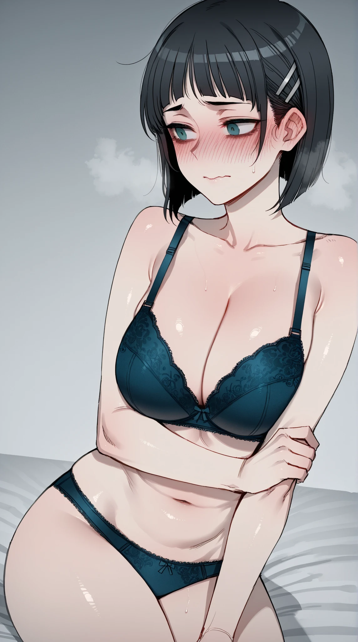 fubuki, fubuki, Dark green hair, Green Eyes, short hair, (:1.2),slender, (Black :1.3), (Black Panties), Portrait Shot, Beautiful body,arms behind back, ( Focus), Close-up shot, (cowboy shot:1.3), break indoors, office, break looking at viewer, break (masterpiece:1.4), Highest quality, High resolution, unity 8k wallpaper, (figure:0.8), (Beautiful attention to detail:1.4), Bright room,Highly detailed face, Perfect lighting, Highly detailed CG, (Perfect hands, Perfect ), A proud smile