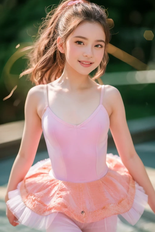 A pretty girl with perfect figure,(Lori,14years,150cm), (Lori,pink and white one-piece swimsuit,), Very small breasts,Straight hair,bangss,stand on the wrestling ring,extremely detailed face and skin, Detailed eyes,knee high socks,Lace gloves,Grinning smile, Slim body, Slender girl, Slim thighs,small  hip,Pose with hands on hips