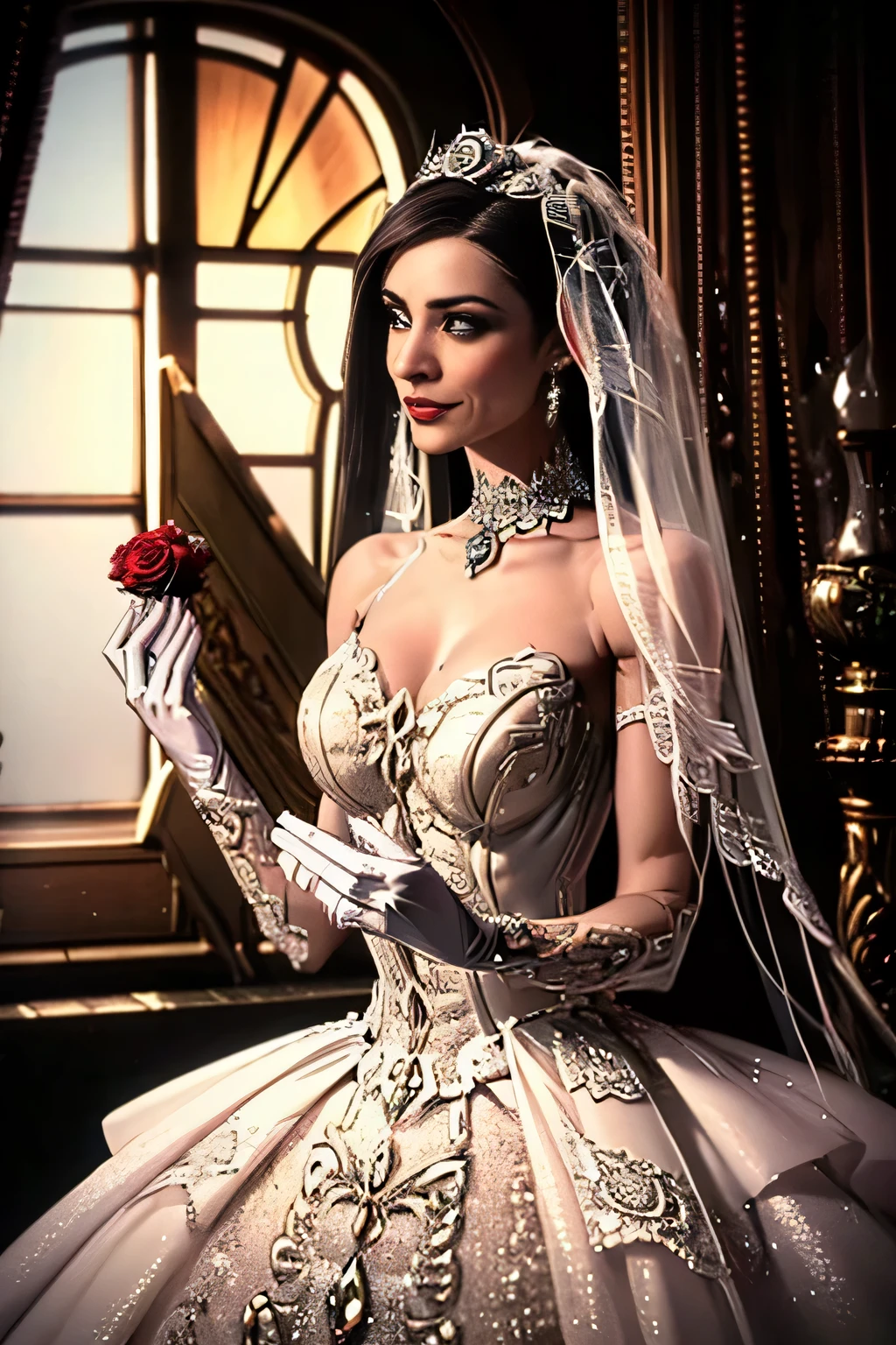 1girl, solo,Hela marvel, crown,earrings ,lipstick, eye shadow, makeup, hair between eyes, ahoge, hair ornament, gloves, dress, cleavage,  shoulders, collarbone, white oprea gloves, white gloves, white dress, strapless, white choker, tiara, veil, strapless dress, wedding dress, bridal veil, beautiful woman, perfect body, perfect , wearing a wedding dress, ball gown, in the park trees, wedding decorations, looking at the viewer,  smile, realism, masterpiece, textured skin, super detail, high detail, high quality, best quality, 1080p, black hair, see-through bridal veil, high heels, extremely poofy wedding dress filled with white poofy petticoats hidden beneath the massive skirt of her wedding dress, holding a black rose bouquet