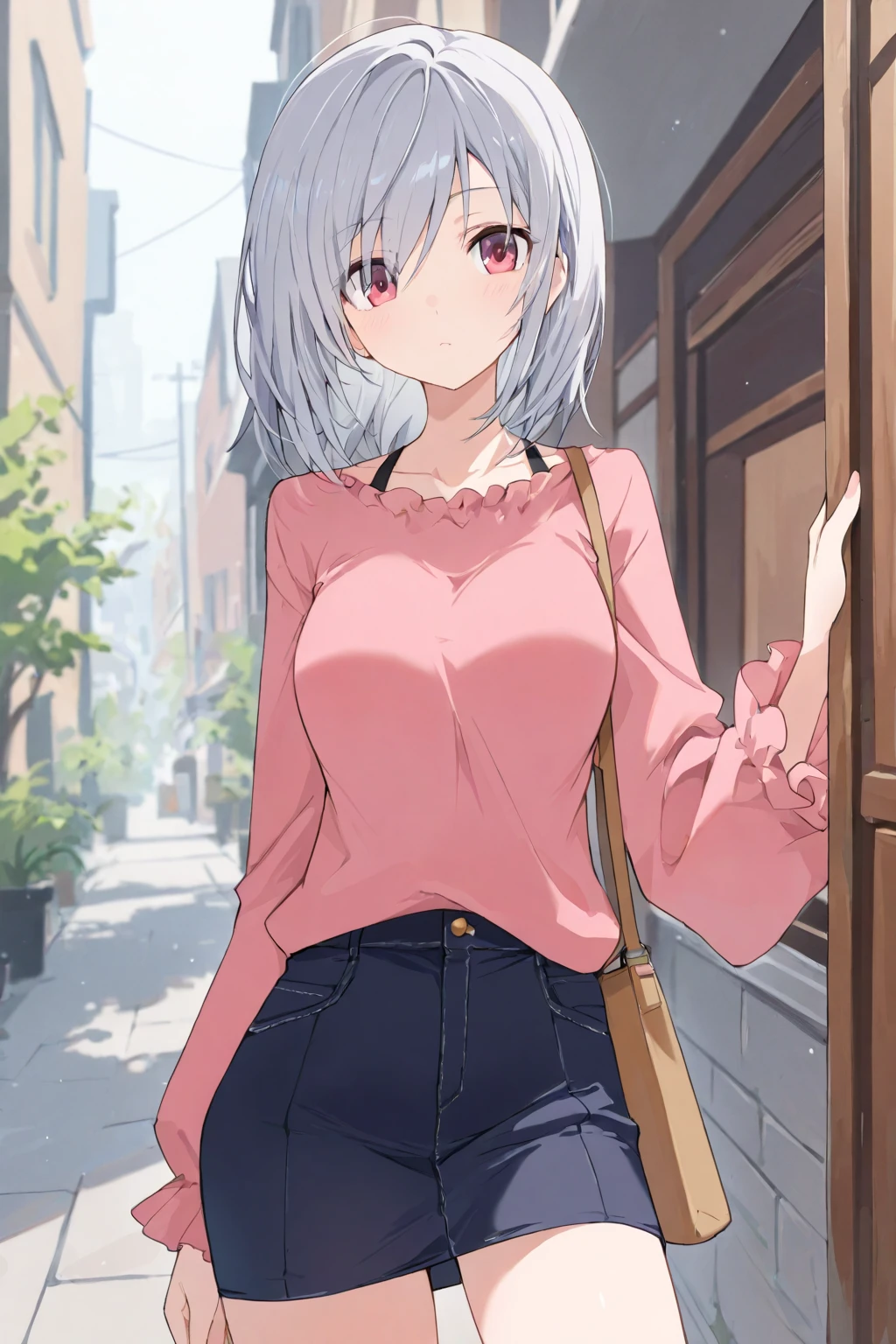 (Highest quality, High resolution, Very detailed), Silver Hair, Super short hair, Reddish brown eyes, sweater dress, lace , , Perfect Makeup, 24th generation, Beautiful woman, mature, quiet, Calm, A small smile, city Street,