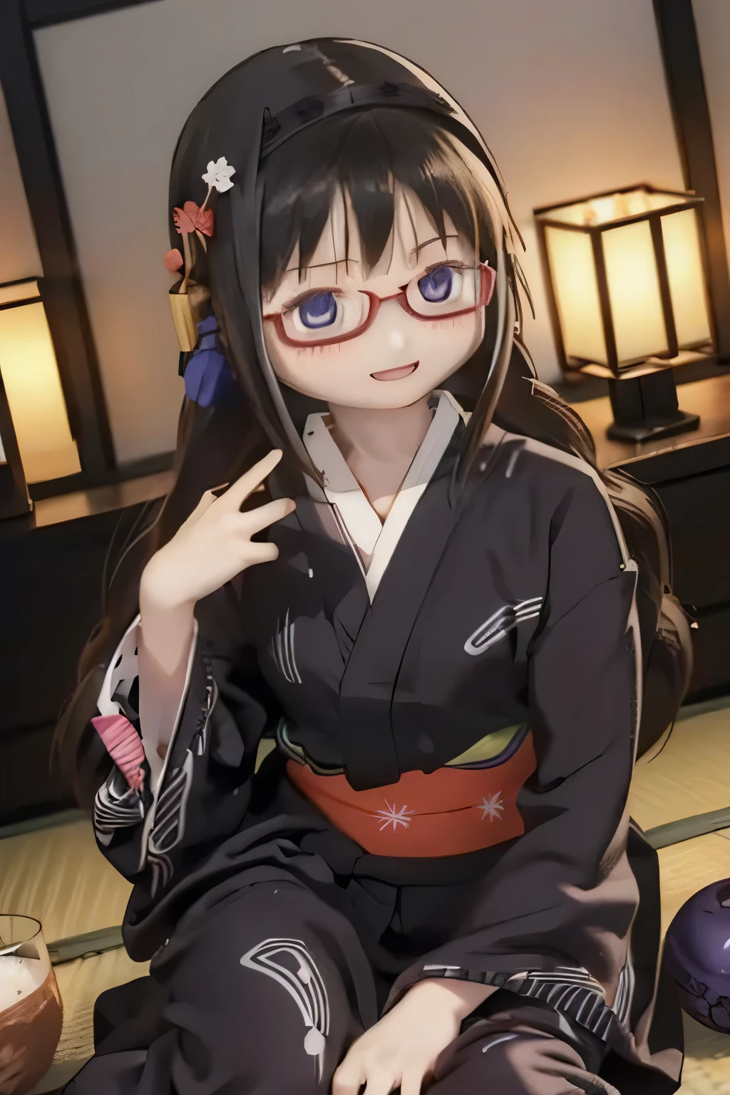 ( High Quality Wavy Lines, beautiful , masterpiece:1.2), ,{X} Perfect facial pose , (( Homura Akemi's Hairstyle)), shut up, smile, intense , Black Haired Female Magical Girl, , ,, (((((yukata))))),, , open lips ((( Wear Glasses )))full body、 feet