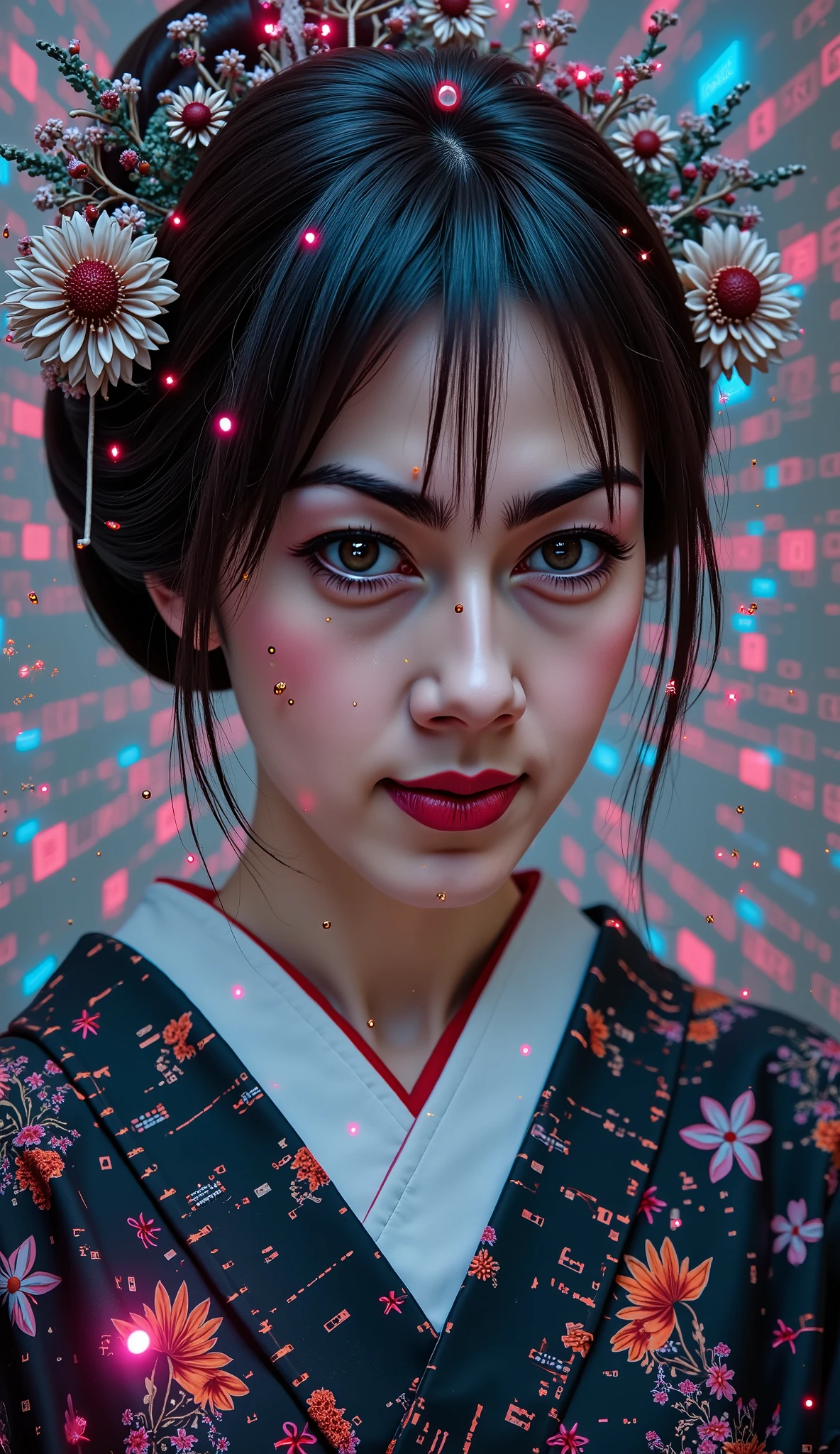 Envision a dramatic close-up of a digital geisha whose face is dissolving into a stream of binary code and fragmented data. Her eyes flicker with neon light, and her traditional kimono is overlaid with circuit board patterns. The background is a swirling vortex of distorted pixels and tangled wires, creating a sense of unease and wonder. The style is reminiscent of early cyberpunk aesthetics, with a touch of cosmic horror, inspired by artists like Syd Mead and Masamune Shirow. A digital art masterpiece with attention-grabbing colors and hypermaximalist details.