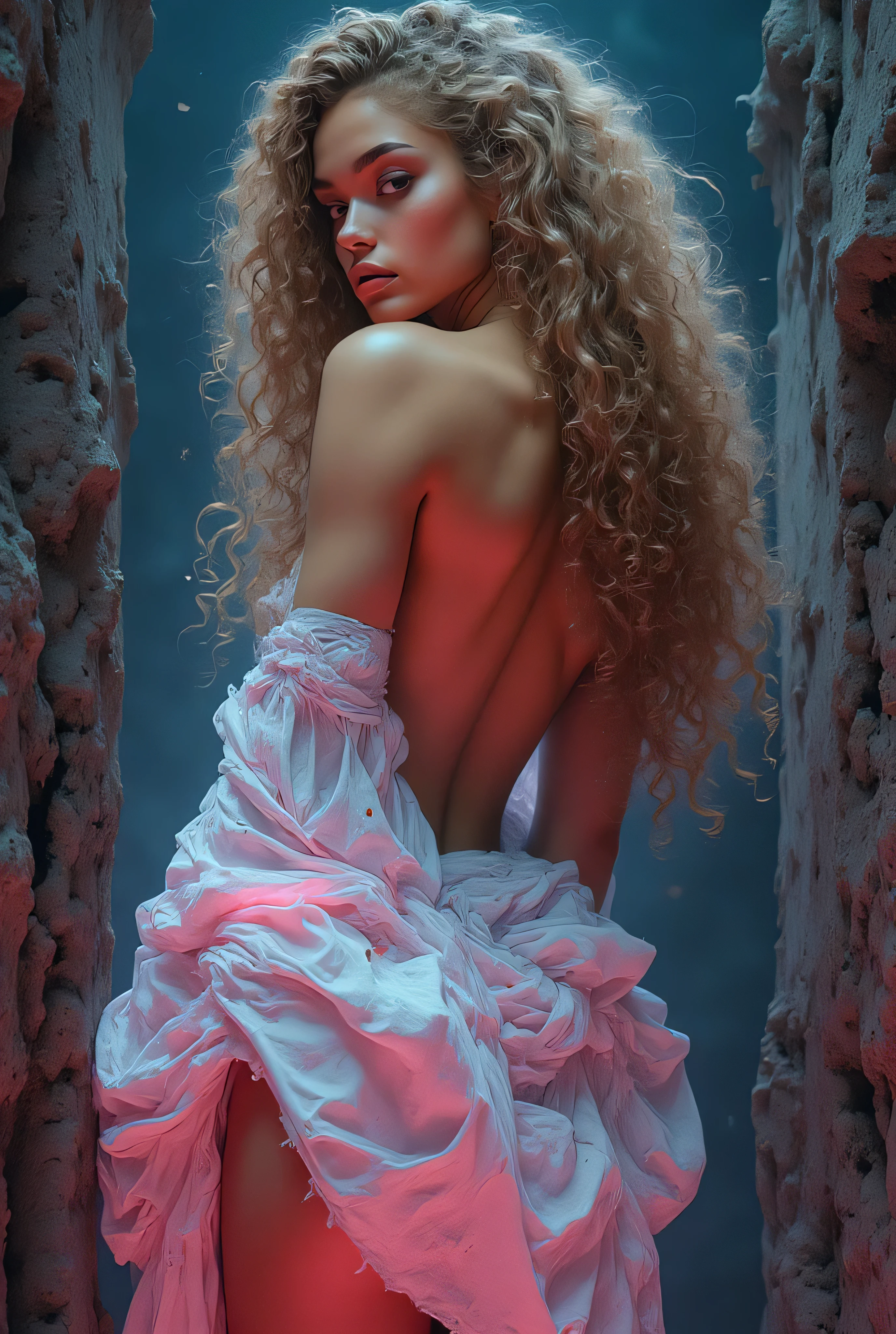 masterpiece, 8k resolution, ultra detailed, pastel color palette, beige skin surface, bright pink and light blue highlights. The subject has long curly hair cascading down her back. She is wearing a torn, white garment that appears to be made of a delicate, flowing material, with splashes of red. Her pose is dynamic, with one arm raised above her head, emphasizing the natural curves of her back and body. The scene is lit from the side, casting soft shadows and creating a dramatic contrast against the textured, dark background. The atmosphere is artistic and intense, with a focus on the texture and flow of the fabric and hair, set against an abstract painterly backdrop. Well-balanced neutral neon lighting, high contrast, high saturation.
