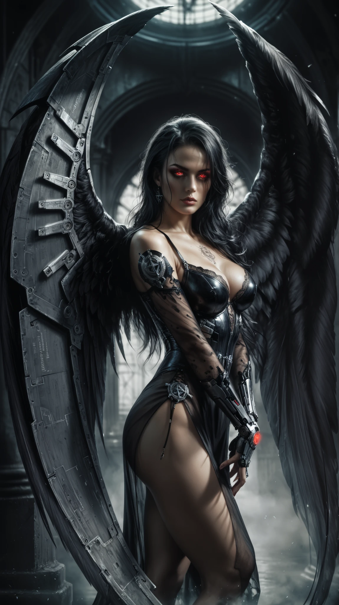 Realistic image, photorealistic, high quality, realistic,
(Image of a lone cybernetic angel with a curvaceous body and large black wings), shot from mid-thigh,
Head: Nicole Kidman's face, long hair, makeup, dark eyeliner, red eyes, glowing eyes, defined facial contours, monocular over left eye,
Cybernetic Body: glowing blue mechanisms, black translucent tattered robe,
Setting: Inside a dark futuristic dungeon, no light, black fog all around, cybernetic pillars, pentagram,
Action: Standing, thighs apart, side view,
Gothic science fiction, dark fantasy, dark science fiction, gothic fantasy,