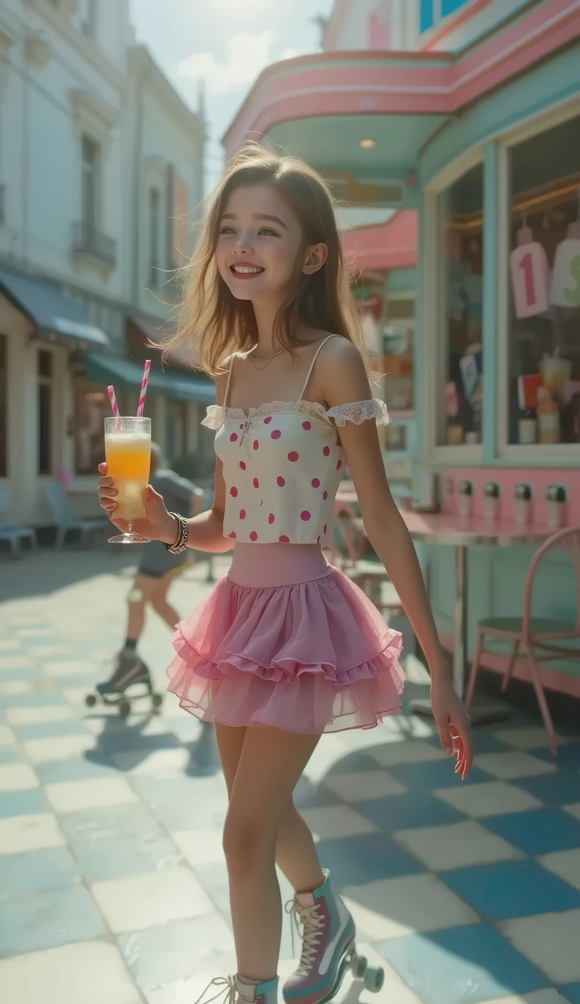 8k, Masterpiece, best Quality, ultra detailed, teen skinny petite young girl, cute face, face focus, 1950s style, off-shoulder polka-dot top, tiny ruffled skirt, roller skates, pastel diner patio, milkshake in hand, bent knee pose, laughing mid-spin, sun flare backlight, vintage photography