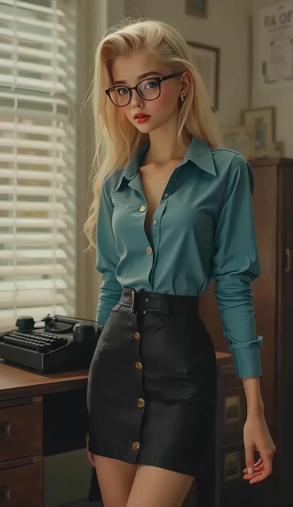 8k, Masterpiece, Top Quality, Full shot, blonde, girl, 1950s style, unbuttoned teal secretary blouse, pencil miniskirt, glasses, typewriter on wooden desk, rotary phone, filing cabinet, morning sunlight through blinds, office setting, vintage photography