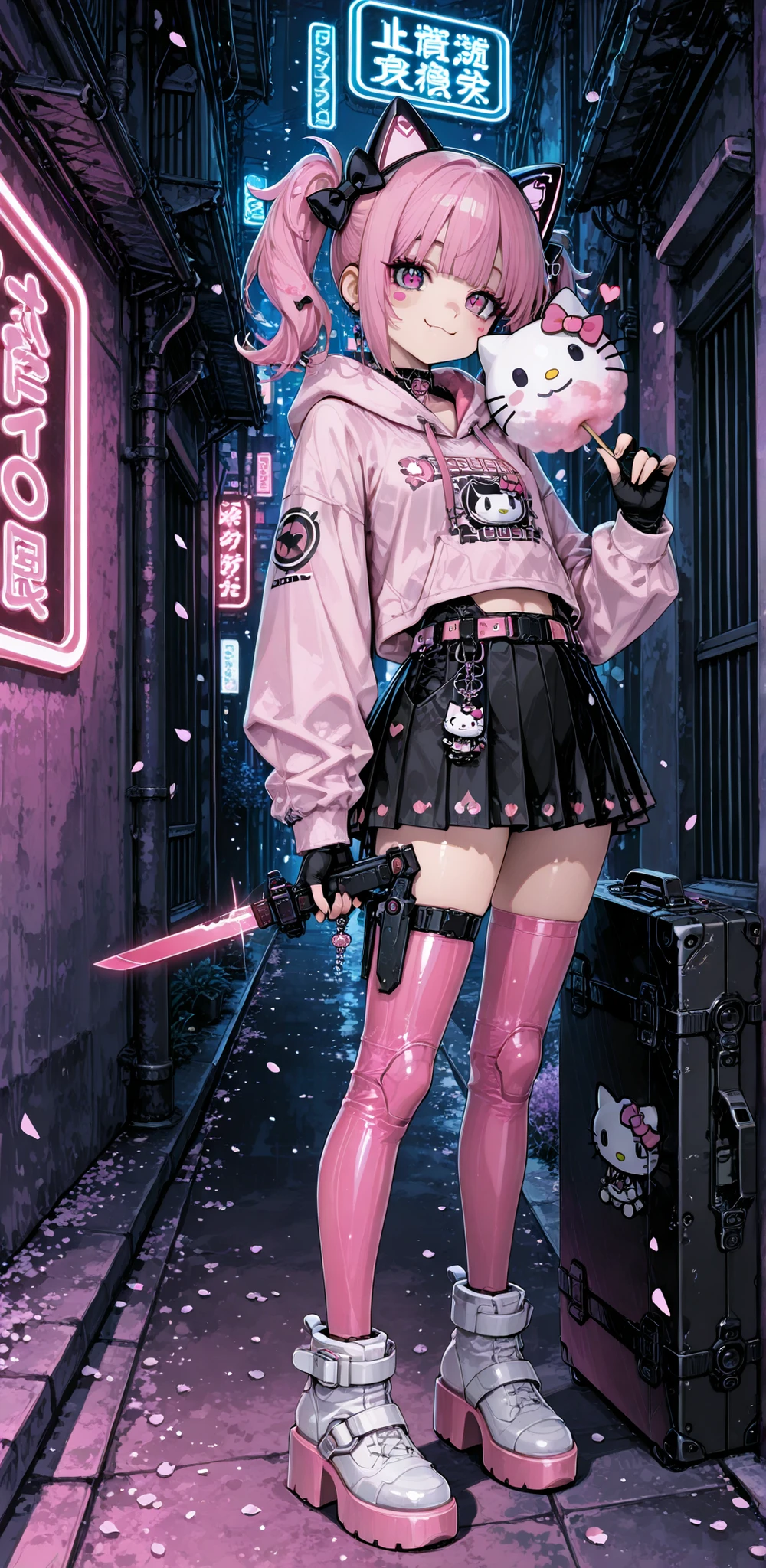 Portrait of a deceptively innocent-looking young woman who is actually a deadly gun-for-hire. She has an adorable face with big doe eyes, soft features, rosy cheeks, sweet smile that hints at something darker underneath.
Fashion: Pastel goth meets tactical - oversized pastel pink or lavender hoodie with hidden armor plating, pleated mini skirt over tactical leggings, platform Mary Janes or chunky boots with hidden blades. Cute accessories: hair bows, Hello Kitty keychain on her belt... next to live ammunition. Lace fingerless gloves concealing brass knuckles or tactical grip tape.
Hair in adorable twin-tails or space buns in cotton candy colors (pink, lavender, mint). Kawaii makeup with hearts or stars. BUT: Carrying serious weaponry casually - maybe a customized pink handgun with cute stickers, or a tactical knife with a pastel handle, or a modified Hello Kitty lunchbox that's actually a weapon case.
Setting: Urban Japanese alley or rooftop at night, neon signs glowing. She's posed casually, maybe eating a lollipop or holding a strawberry milk, while also checking her weapon or standing over a just-completed job. Cherry blossoms or confetti floating around her contrasts with the dangerous atmosphere.
Lighting: Neon pink and blue, slightly noir. Her expression is cheerful and innocent but her eyes have a cold, professional killer glint. The juxtaposition should be unsettling - maximum cute aesthetic hiding maximum danger. Anime-influenced realism style, high contrast, cinematic composition.