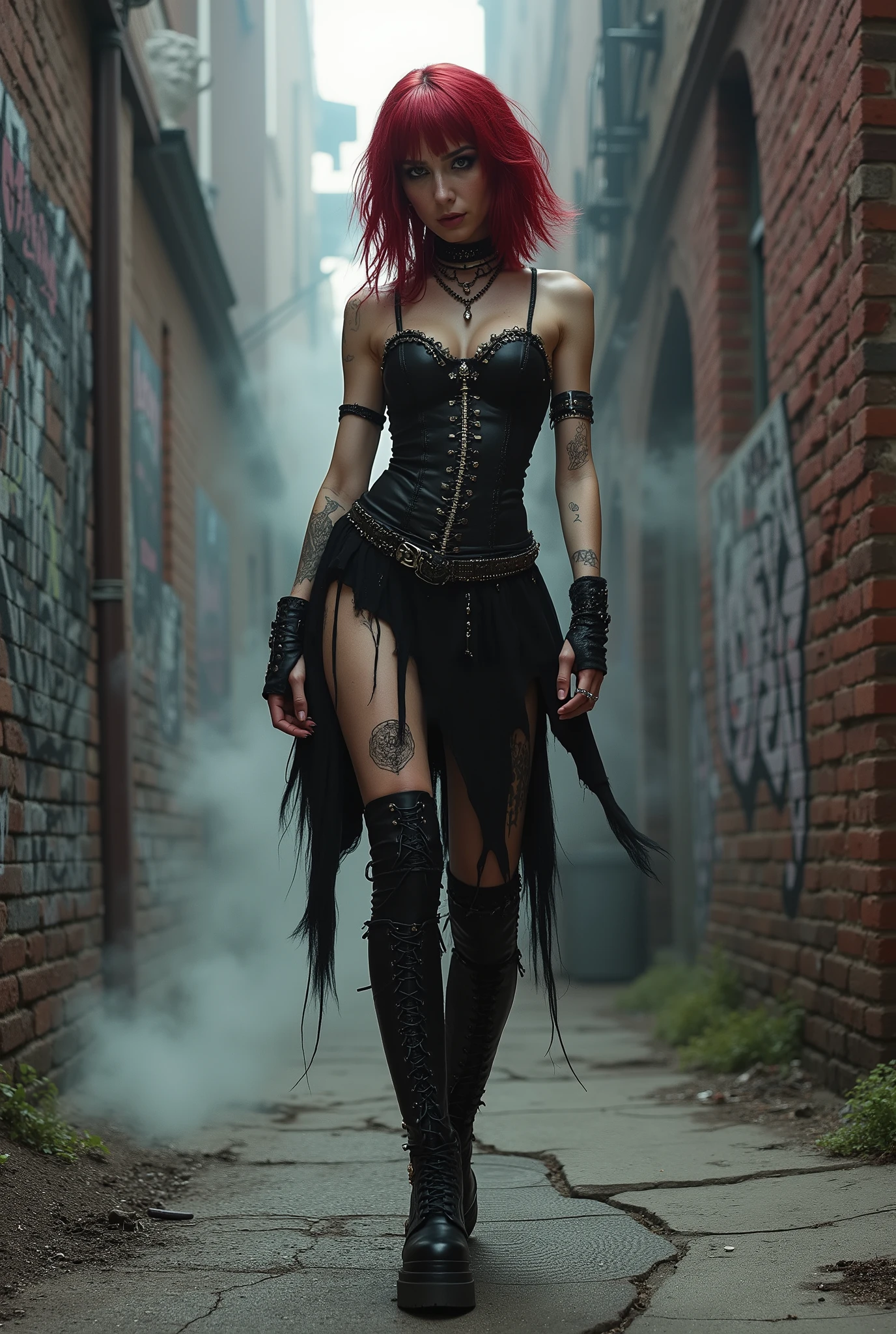 1girl: fierce goth girl, waist-length crimson hair, dark smoky eye makeup, mesh top, spiked choker, black leather corset, tattered skirt, thigh-high platform boots, rings and piercings, rebellious expression Background: graffiti-covered alley with steam rising from vents, cracked pavement, heavy metal posters on brick walls