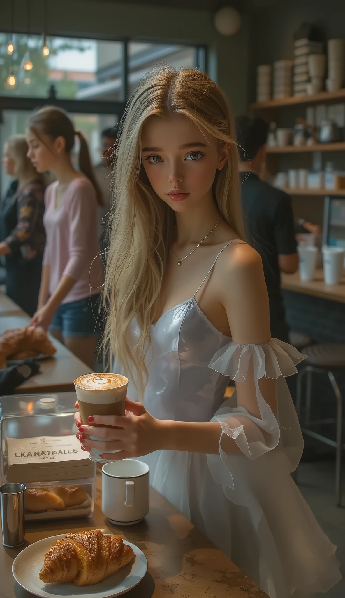 best quality, very detailed, full frame, in a crowded  Starbucks coffeehouse, 1 ballerina, charming, sweet face, dynamic pose, skinny, slender slim body, blonde, glossy lips, dressed in a ballerina dress and ballet shoes, the girl looks at the viewer as she orders a coffee and croissant at the desk, dynamic lighting, face focus, depth of field