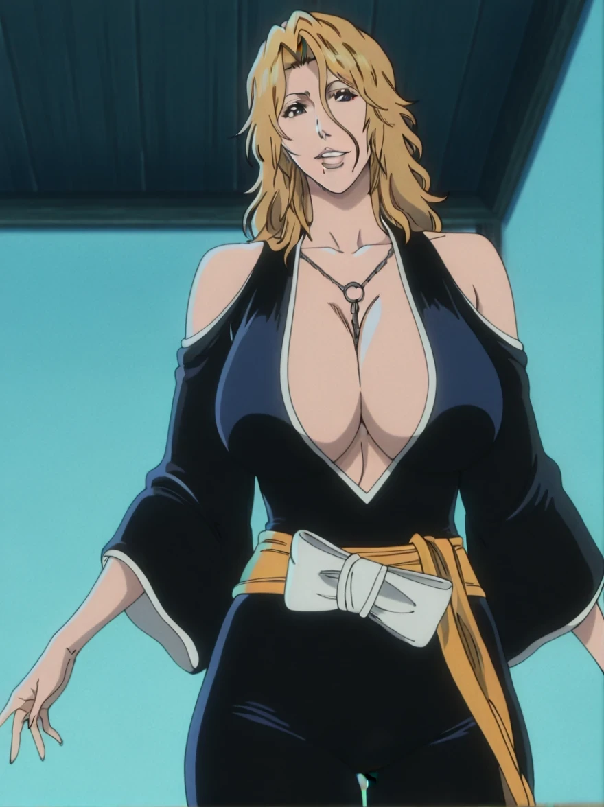 傑作、best quality、best resolution、best image quality、amazing quality、 very aesthetic、 absurdres、anime coloring、anime screencap、anime screenshot、1woman 、<lora:Rangiku_Matsumoto_Bleach_Thousand-Year_Blood_War_art_style_-_Illustrious_V2:1> 、 Rangiku 、solo 、blonde hair 、short hair 、blue eyes 、Hair between the eyes、medium hair、loose hair strand、parted bangs、wavy hair、parted lips、juicy lips、 mole under mouth 、very large breasts 、cleavage 、large boobs 、large tits 、mature female 、collarbone 、blue bodysuit 、bare shoulders 、outfit:bodysuit 、yellow sash 、sash 、tight bodysuit 、seamless 、blue high heels 、tall woman 、standing 、cowboy shot 、looking at viewer 、female focus 、dutch angle 、smile、elegant、elegant smile、evil smile、