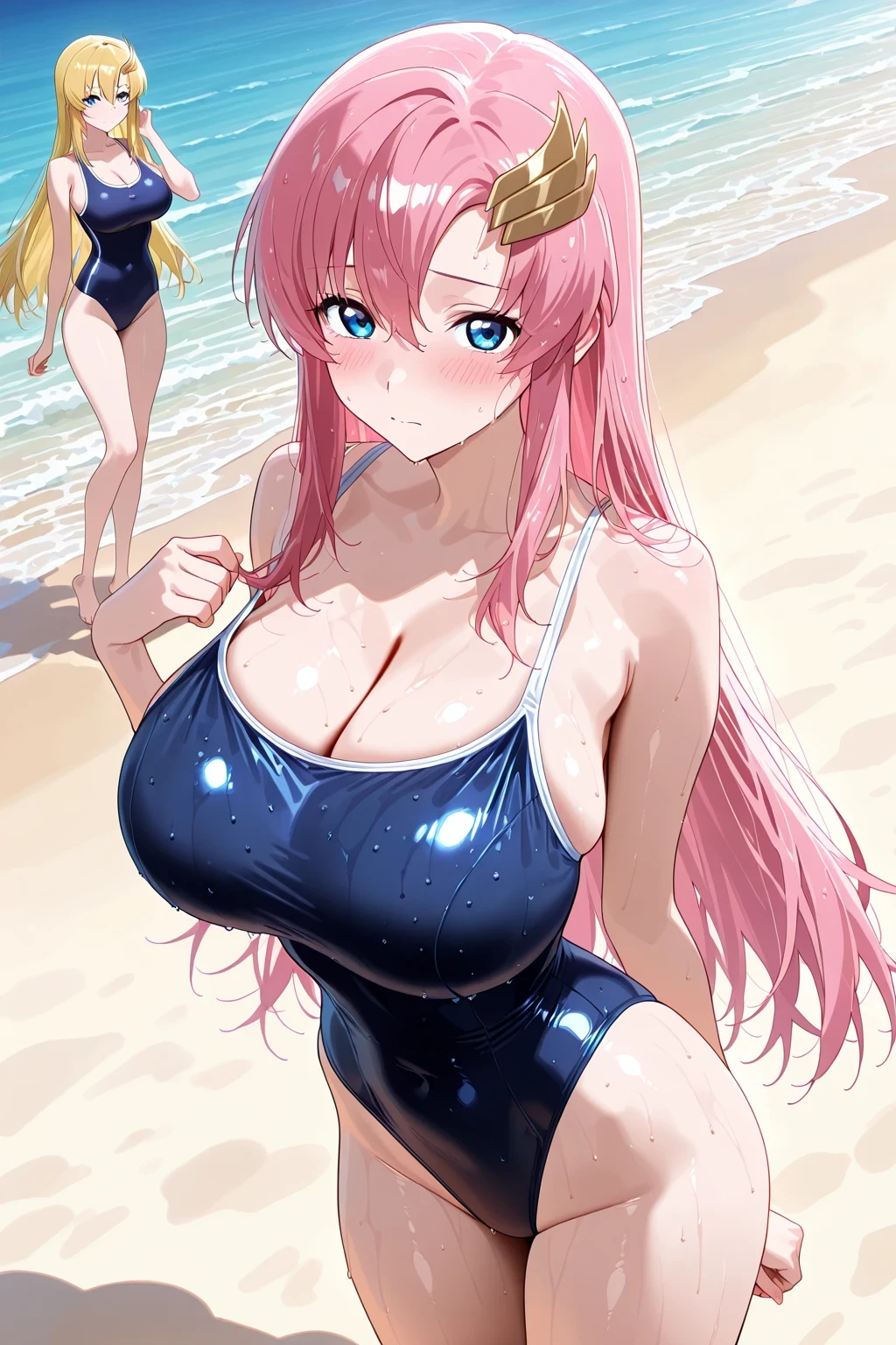 傑作、best quality、{{detailed beautiful face and eyes}}、very detailed background、Lacus Clyne、long hair、straight hair、pink hair、hair ornament、yellow hair ornament、blue eyes、big breasts、very big breasts、large boobs、((school swimsuit,cleavage,high leg cut,slender body,new school swimsuit))、solo、1girl、(is embarrassing,blush,wet hair,closed mouth:1.0)、((standing,cowboy shot,looking at viewer:1.2))、(beach:1.3)、clothed、