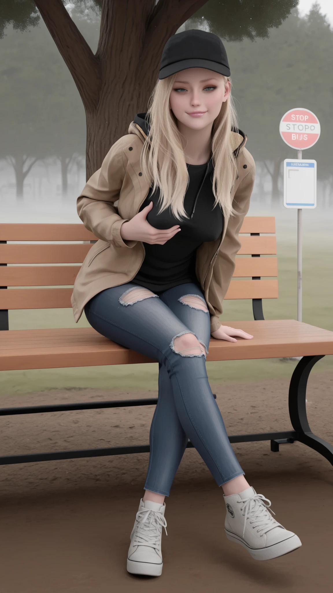 masterpiece, best quality, amazing quality, very aesthetic, absurdres, newest,   r0silf, 3d, 1girl, long hair, blonde hair, blue eyes, spiky hair, medium breasts, baseball cap, jacket, hood down, jeans, ripped jeans, sneakers, adult girl, sexy pose, seductive, flirting, looking at viewer, sitting on bench, legs crossed, front view, grabbing her breasts, bent over, smug smirk, bus stop, bus stop sign, green valley, trees, road, outskirts, fog