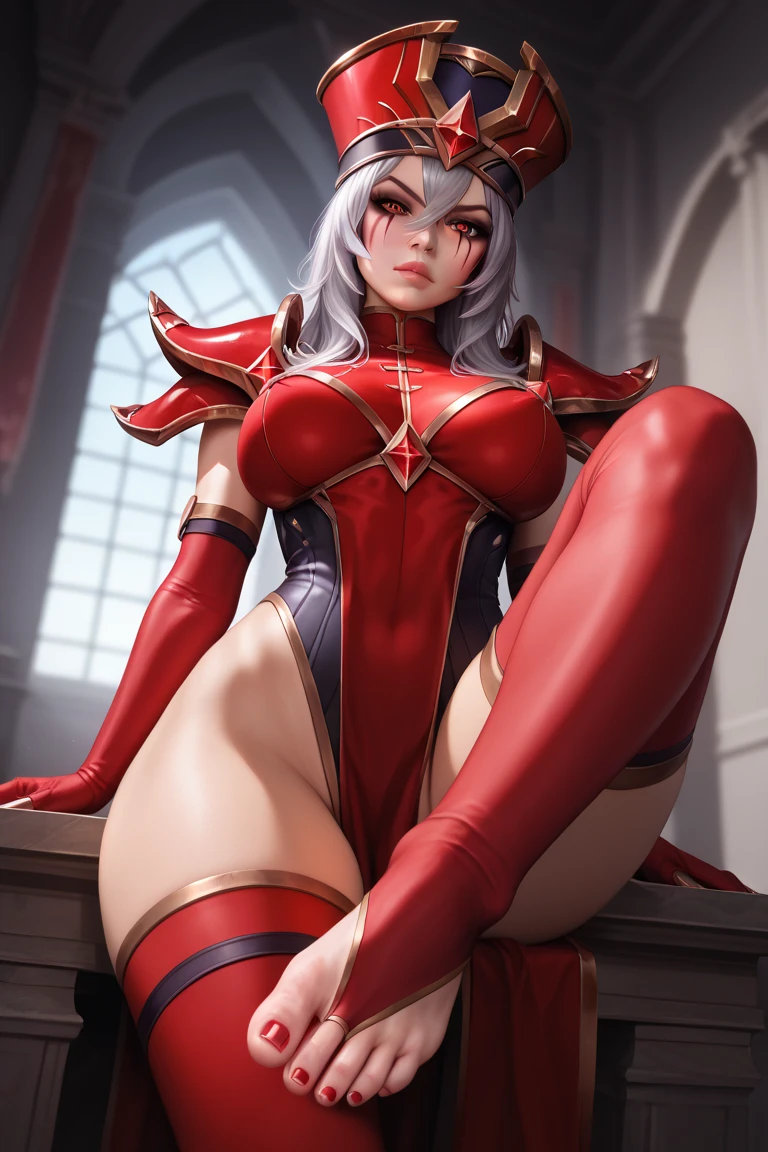 masterpiece, best quality, sally whitemane, 1girl, solo, nsfw, sitting on a throne,  crossed legs, leotard, thighhighs, elbow gloves, runny makeup, pelvic curtain, stone throne, cathedral,  heels