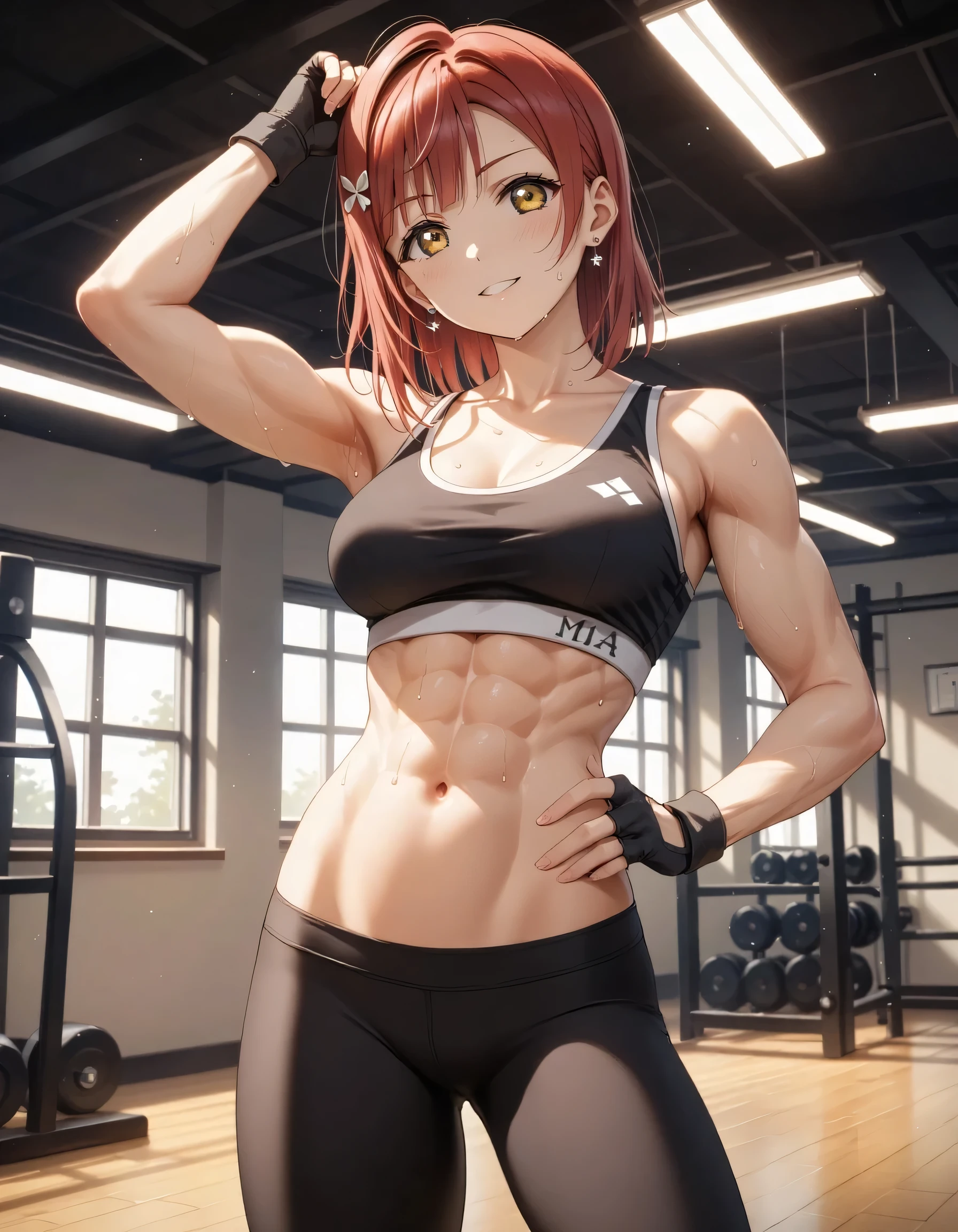Astolfo, six-pack abs, arm muscles, Red sports bra, Red Sports Leggings, Short hair, Gym, perfect abs, six-pack abs, the perfect body,