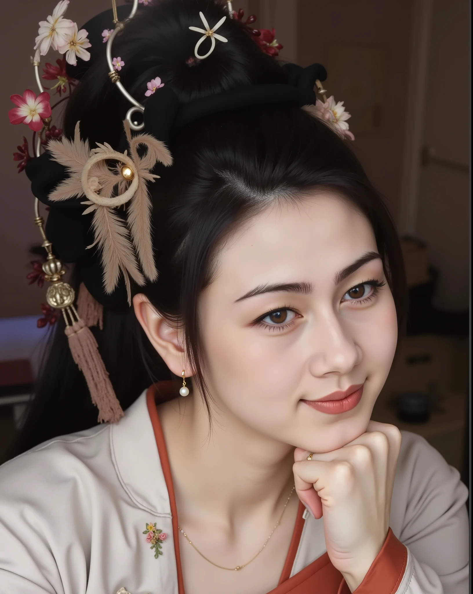 (Masterpiece in maximum 16K resolution:1.6), (intricate detail:1.4), (extremely insane detail:1.4),(highest quality:1.3) | A young woman with long, flowing black hair and a gentle smile poses against a beige tiled bathroom wall. She is wearing a fitted pink sleeveless top that accentuates her figure, along with a delicate gold necklace and small pearl earrings. Her makeup is subtle, with soft pink lipstick and natural-looking eyeshadow. She has a confident yet warm expression as she slightly tilts her head, looking directly at the camera. The background consists of a clean, neutral-toned tiled wall, creating a simple yet elegant setting. | (A pretty female ):1.3), {The camera is positioned very close to her, revealing her entire body as she adopts a dynamic_pose, boldly moving around the scene in an exciting way} | She is adopting a ((dynamic_pose as interacts, boldly moving a exciting way):1.3), ((perfect_pose)), ((perfect_pose):1.5), (((full body))), ((perfect_fingers, better_hands, perfect_hands, perfect_legs)), ((perfect_fingers, better_hands, perfect_hands, perfect_legs):0.7), (((More_Detail)))..