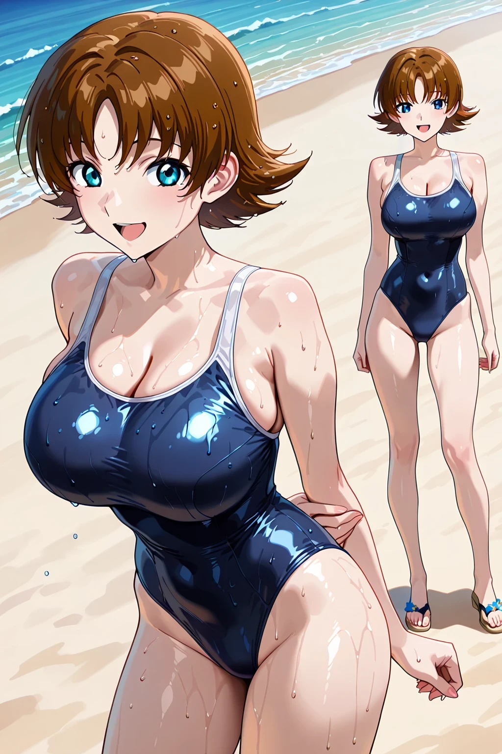 傑作、best quality、{{detailed beautiful face and eyes}}、very detailed background、 Miriallia Haw 、brown hair、short hair、blue eyes、flipped hair、big breasts、very big breasts、large boobs、((school swimsuit,cleavage,high leg cut,slender body,new school swimsuit))、solo、1girl、(is smile,wet hair, open mouth:1.0)、((standing,cowboy shot,looking at viewer:1.2))、(beach:1.3)、clothed、