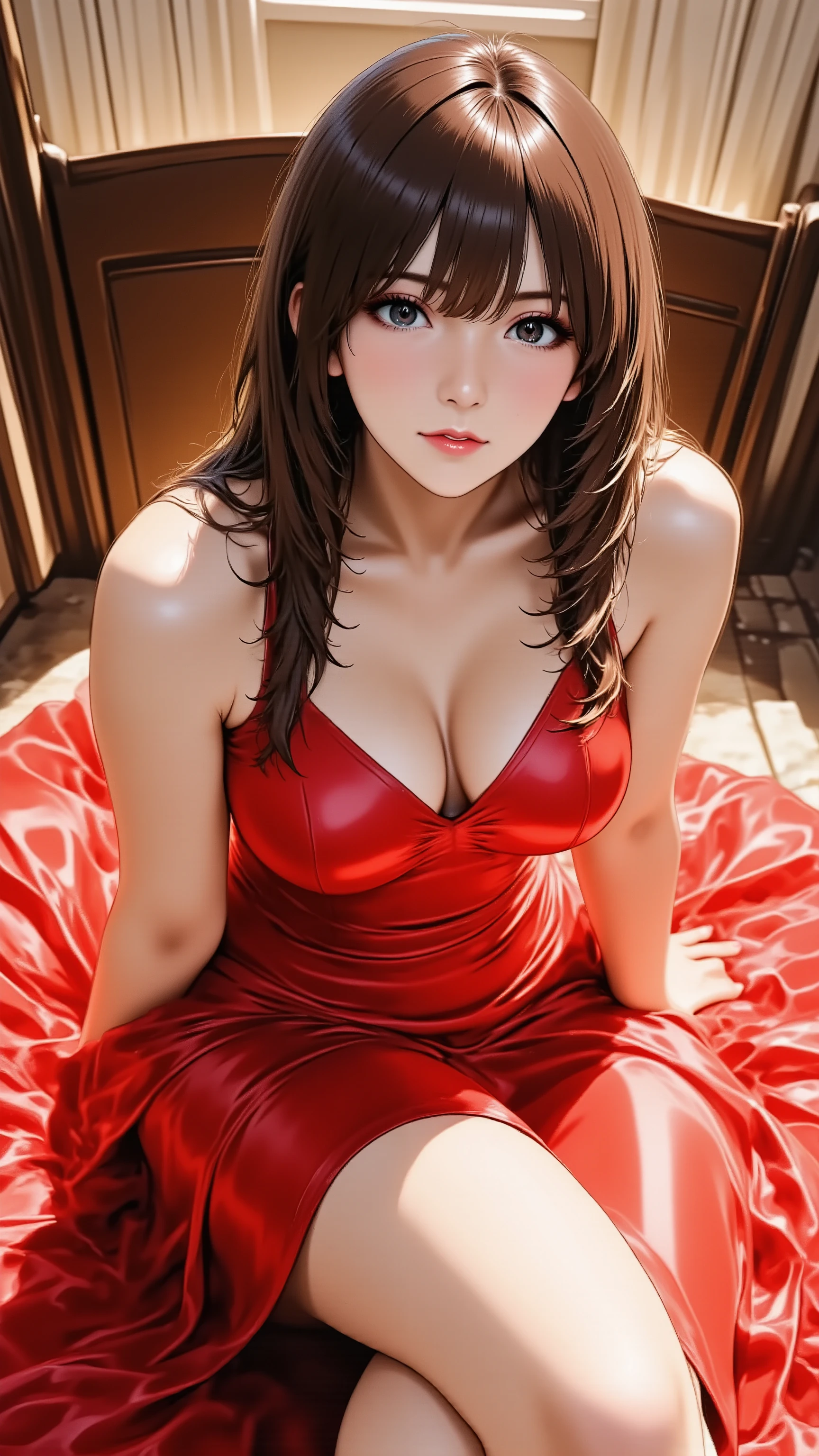 A glamorous cabaret girl in a flowing red evening dress and red high heels. She is in a full-body yokozuwari pose, with an arched back, looking up towards the camera with a slight smile. She has long silky hair and heavy makeup with red lips. Shot from a high angle.